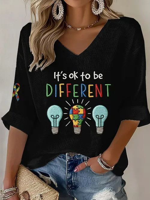 It's Okay To Be Different V-Neck Long Sleeve Shirt Puzzle Lightbulb Autism Awareness Gift For Her - Tradiviet - Image 2