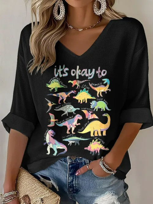 It's Okay To V-Neck Long Sleeve Shirt Colorful Dino Love For Autism Advocates - Tradiviet - Image 2