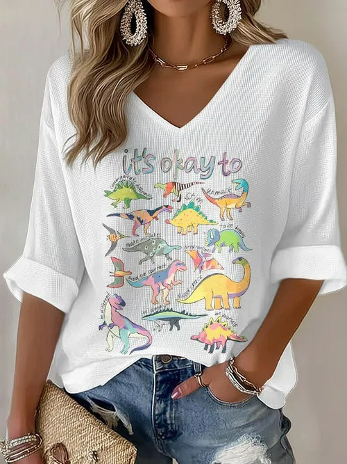 It's Okay To V-Neck Long Sleeve Shirt Colorful Dino Love For Autism Advocates - Tradiviet - Image 3