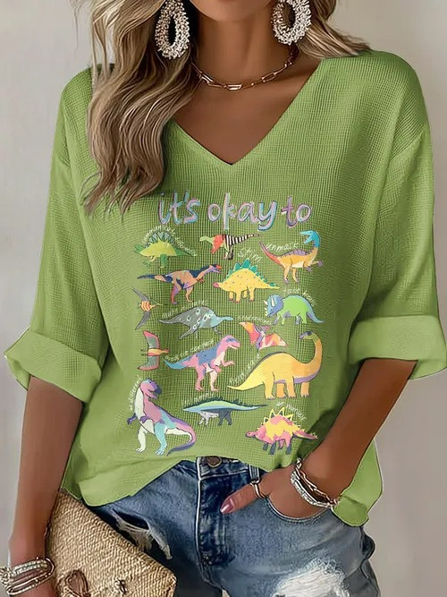 It's Okay To V-Neck Long Sleeve Shirt Colorful Dino Love For Autism Advocates - Tradiviet - Image 4