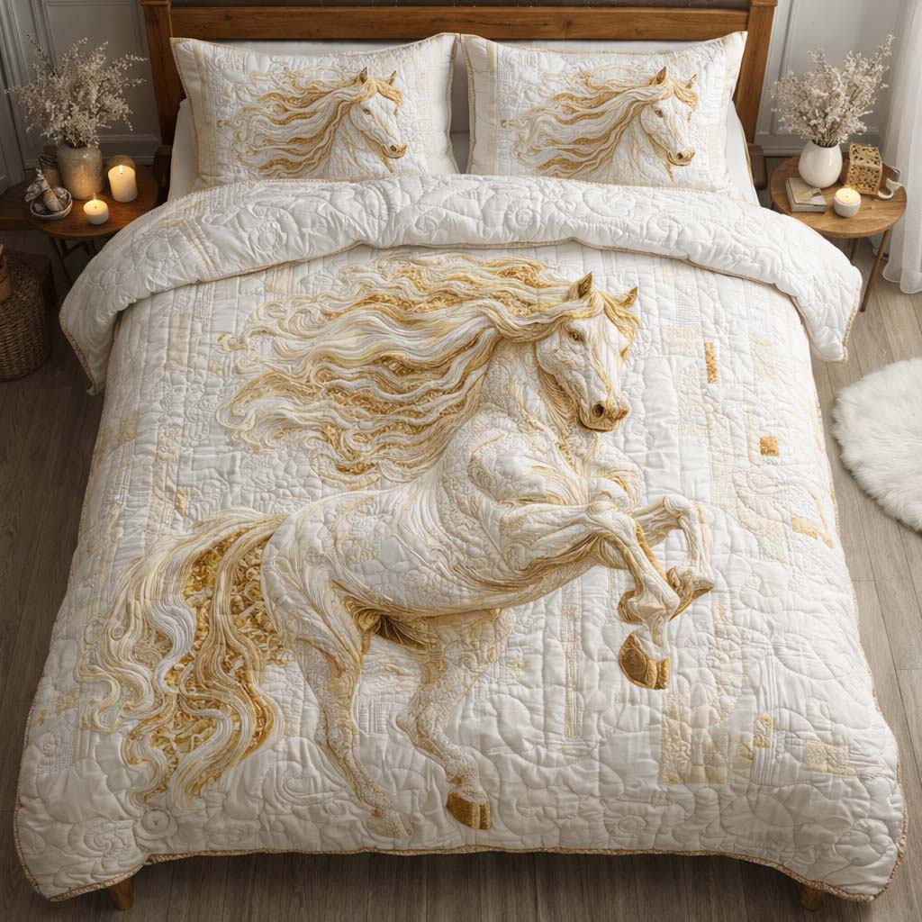 Ivory Majesty Stallion Quilted Bedding Set Bedroom Decorations Gift For Majestic Horse Lovers - Tradiviet