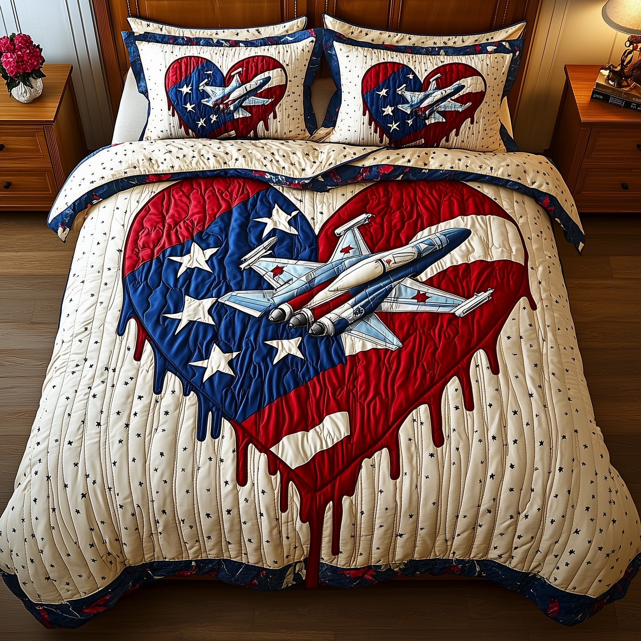 Jet Fighter USA Flag Quilted Bedding Set Dripping He Patchwork Bedding Gift For Students - Tradiviet