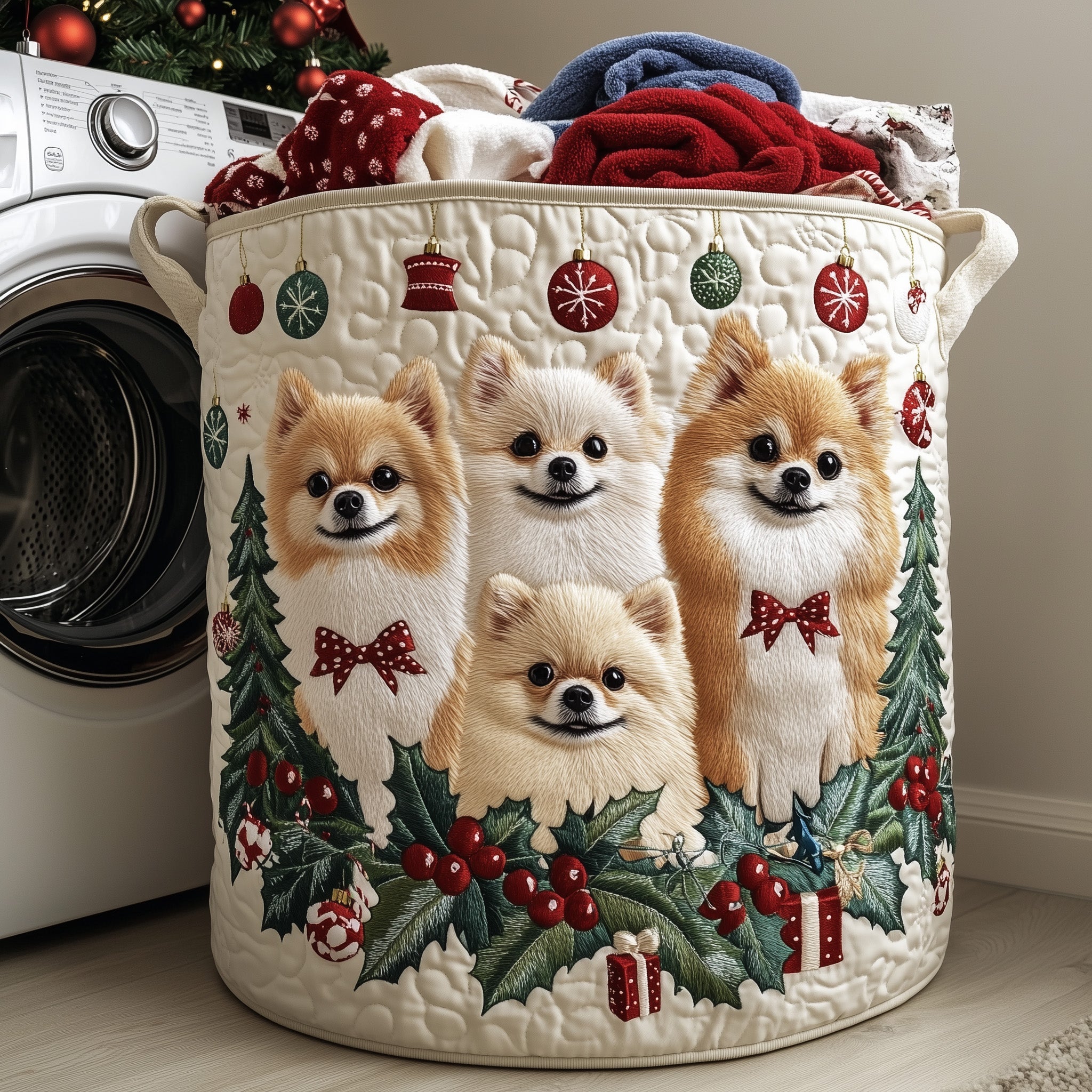 Jolly Pomeranian Quilted Laundry Basket Cute Room Decor Presents For Daughter - Tradiviet