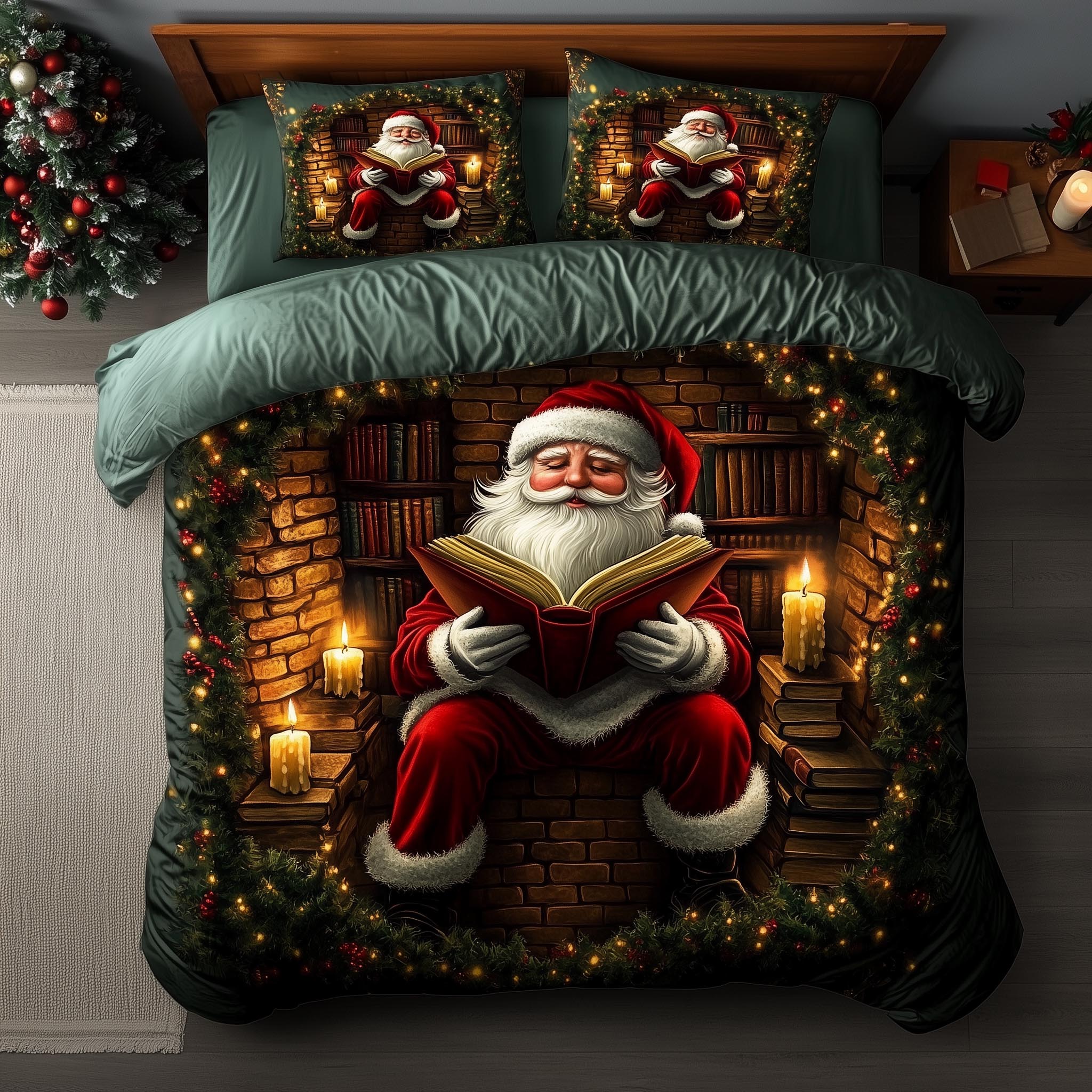 Jolly Santa Quilted Bedding Set Holiday House Decorations Santa Claus Christmas Eve Gift For Kids - Tradiviet