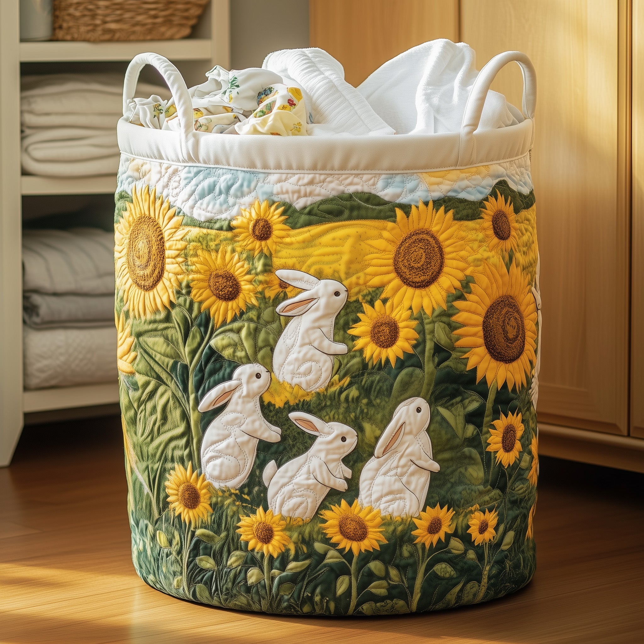 Joyful Bunnies Quilted Laundry Basket Cute Storage Baskets Dad Gifts - Tradiviet