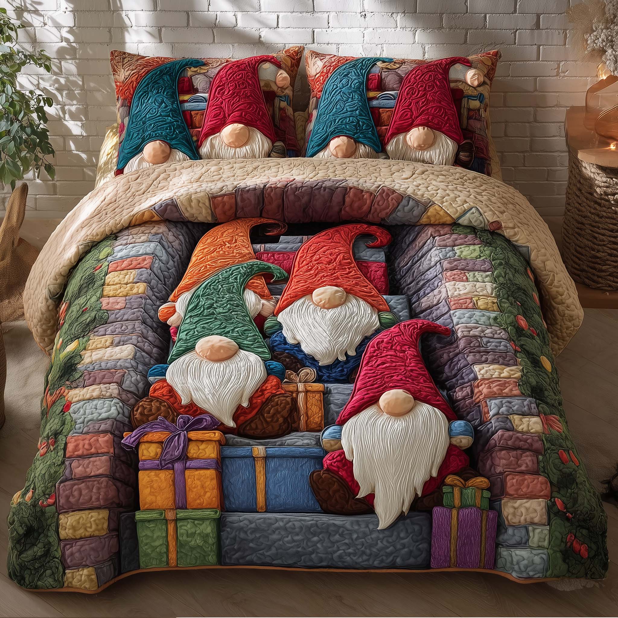 Joyful Christmas Gnomes Quilted Bedding Set Holiday Decorations For Your Room Best Gnome Gifts - Tradiviet
