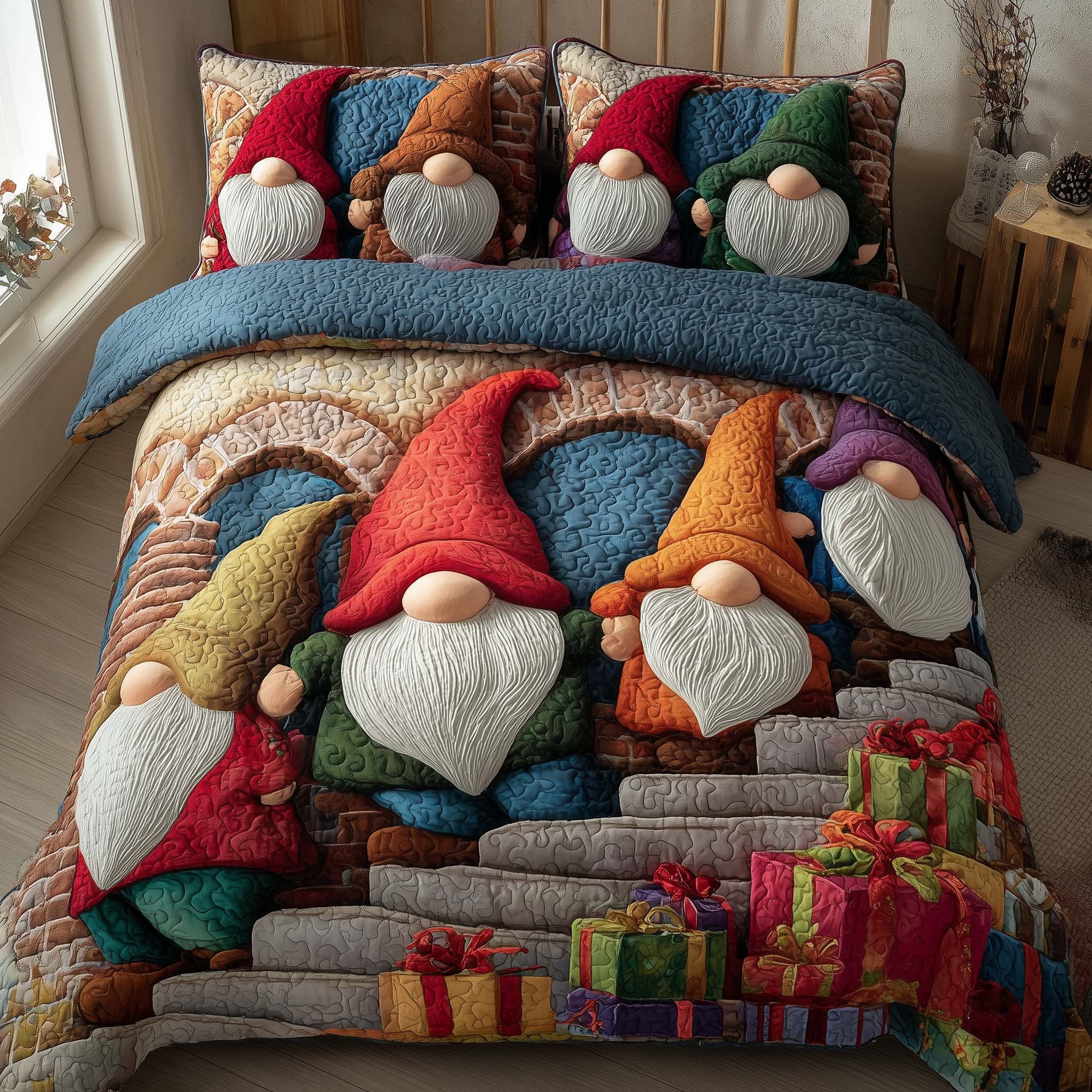 Joyful Christmas Gnomes Quilted Bedding Set Holiday Home Decor Ideas Funny Gnome Gifts - Tradiviet