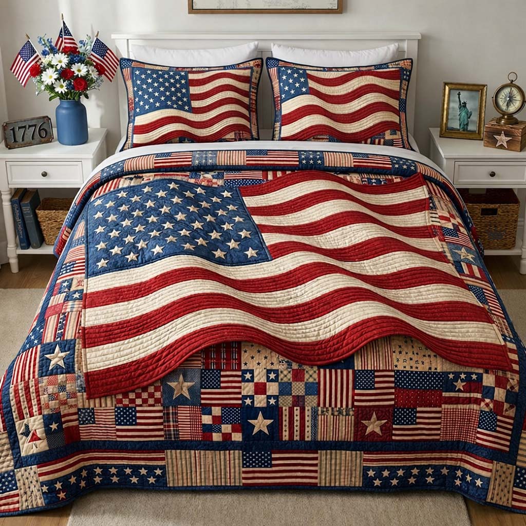 Large American Flag Quilted Bedding Set Bed Room Decoration Patriotic Gifts For Veterans - Tradiviet