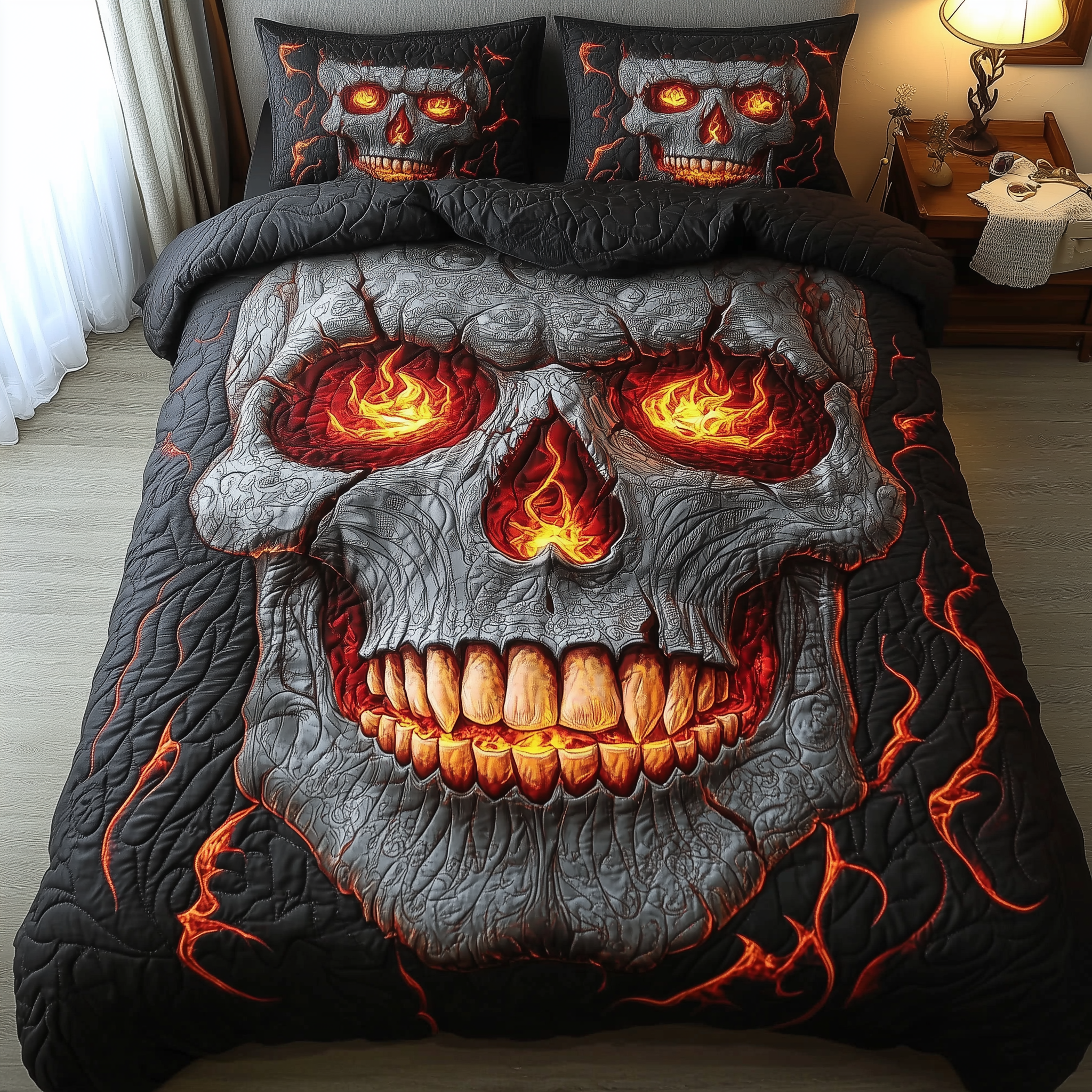 Lava Skull Quilted Bedding Set Mens Bedroom Decor Skull Birthday Presents - Tradiviet