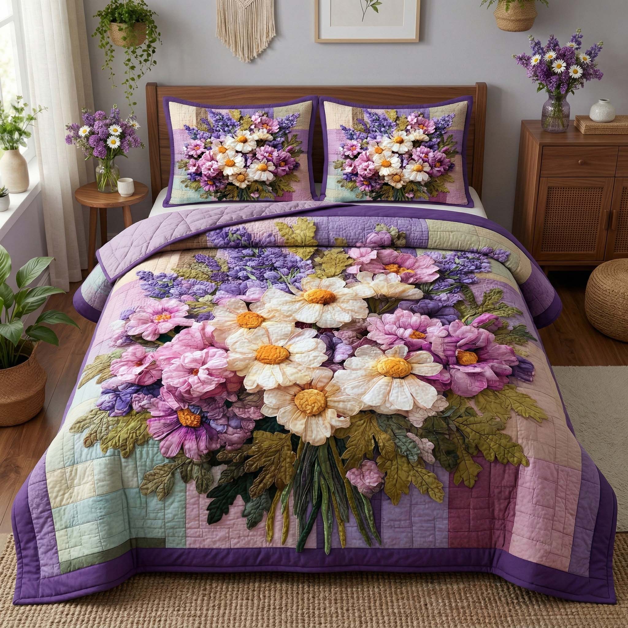 Lavender Bouquet Quilted Bedding Set Mens Bedroom Decor Gift For Garden Enthusiasts - Tradiviet