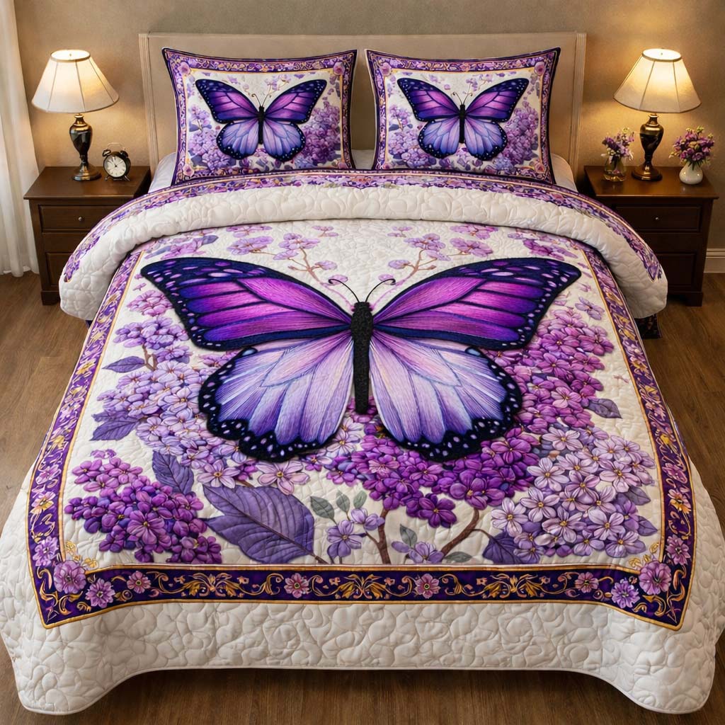 Lavender Butterfly Dream Quilted Bedding Set Bed Room Decoration Butterfly Gifts For Girlfriend - Tradiviet