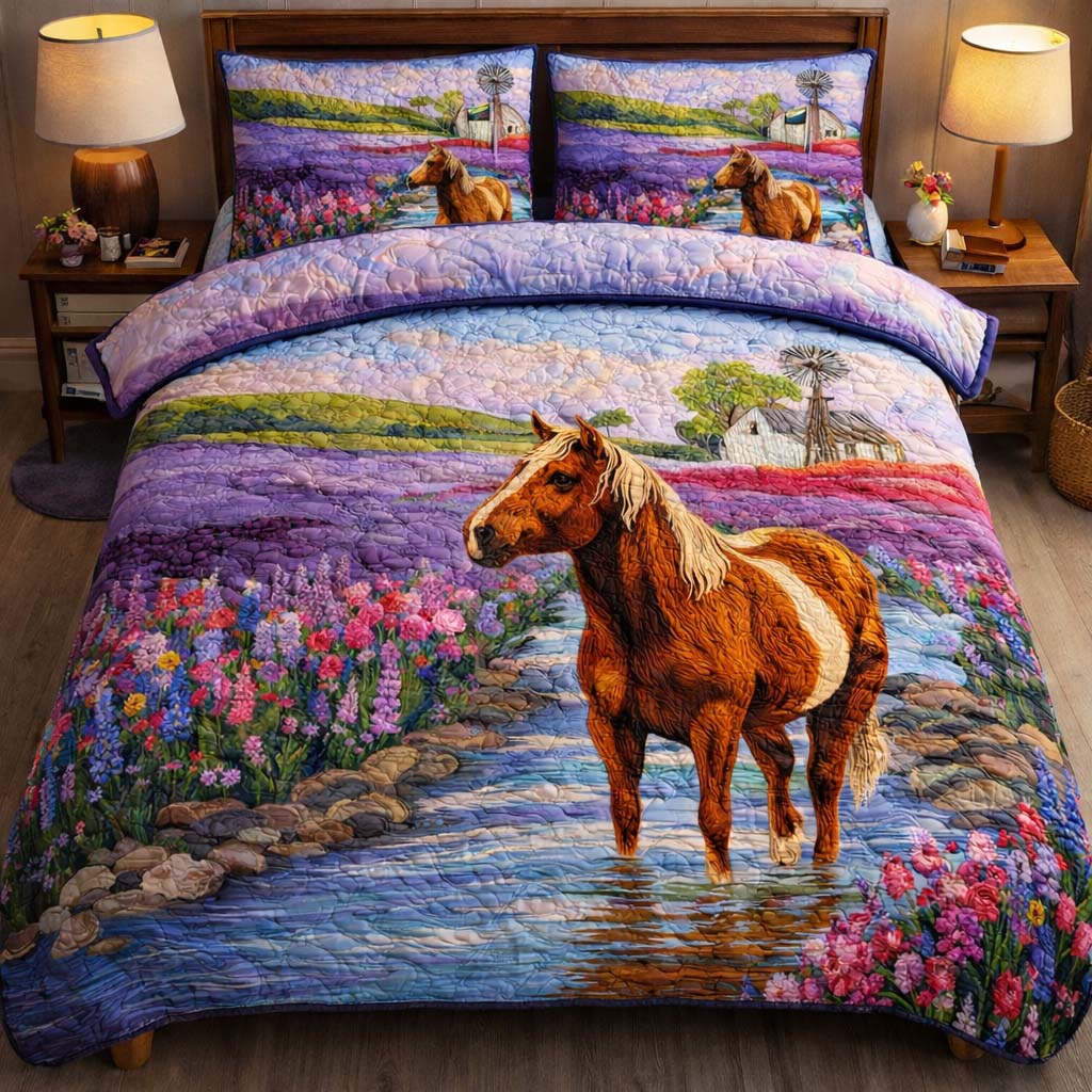 Lavender Valley Mustang Quilted Bedding Set Room Decoration Items Gift For Country Decor Fans - Tradiviet