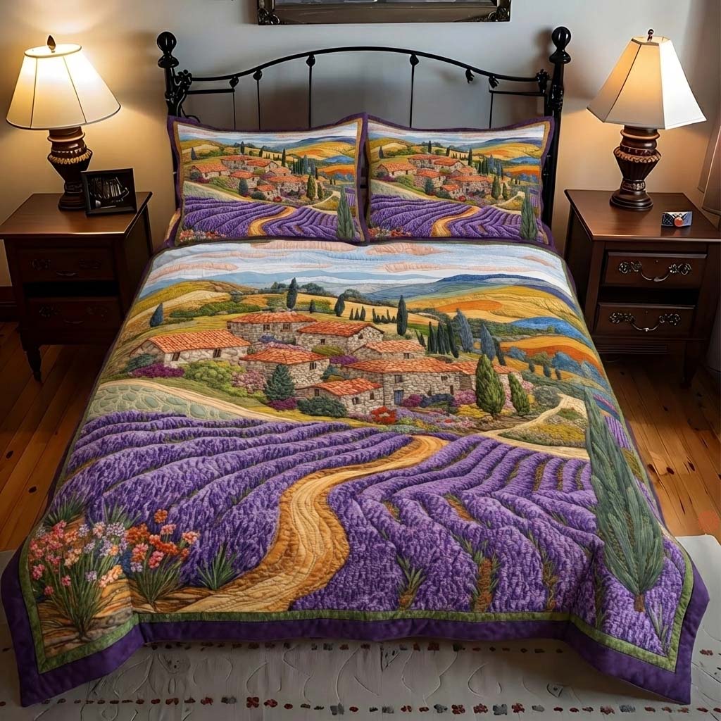 Lavender Village Quilted Bedding Set Mens Bedroom Decor Flower Lavender Gift Items - Tradiviet