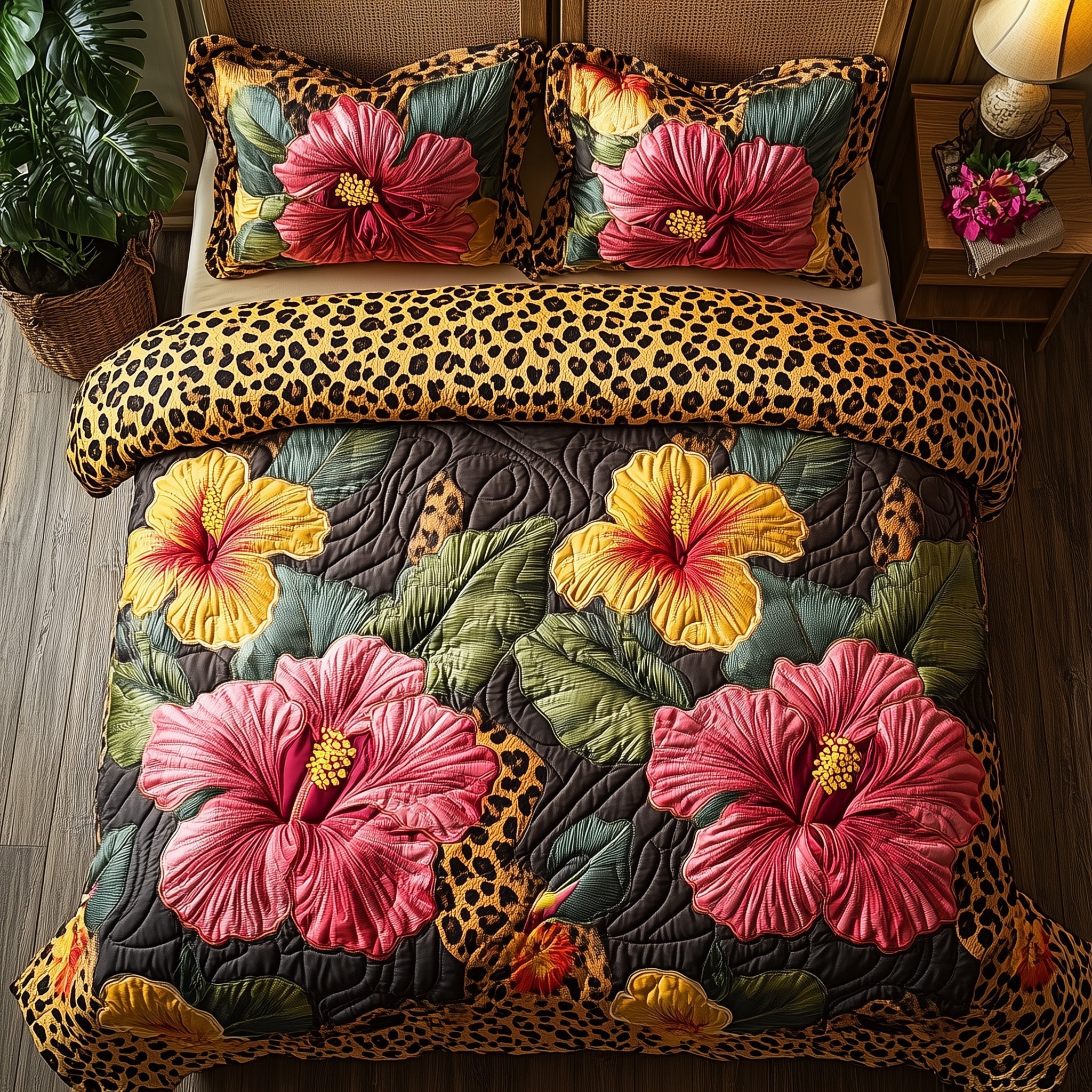 Leopard Hibiscus Heaven Quilted Bedding Set Mens Bedroom Decor Gift For Nature Lovers - Tradiviet