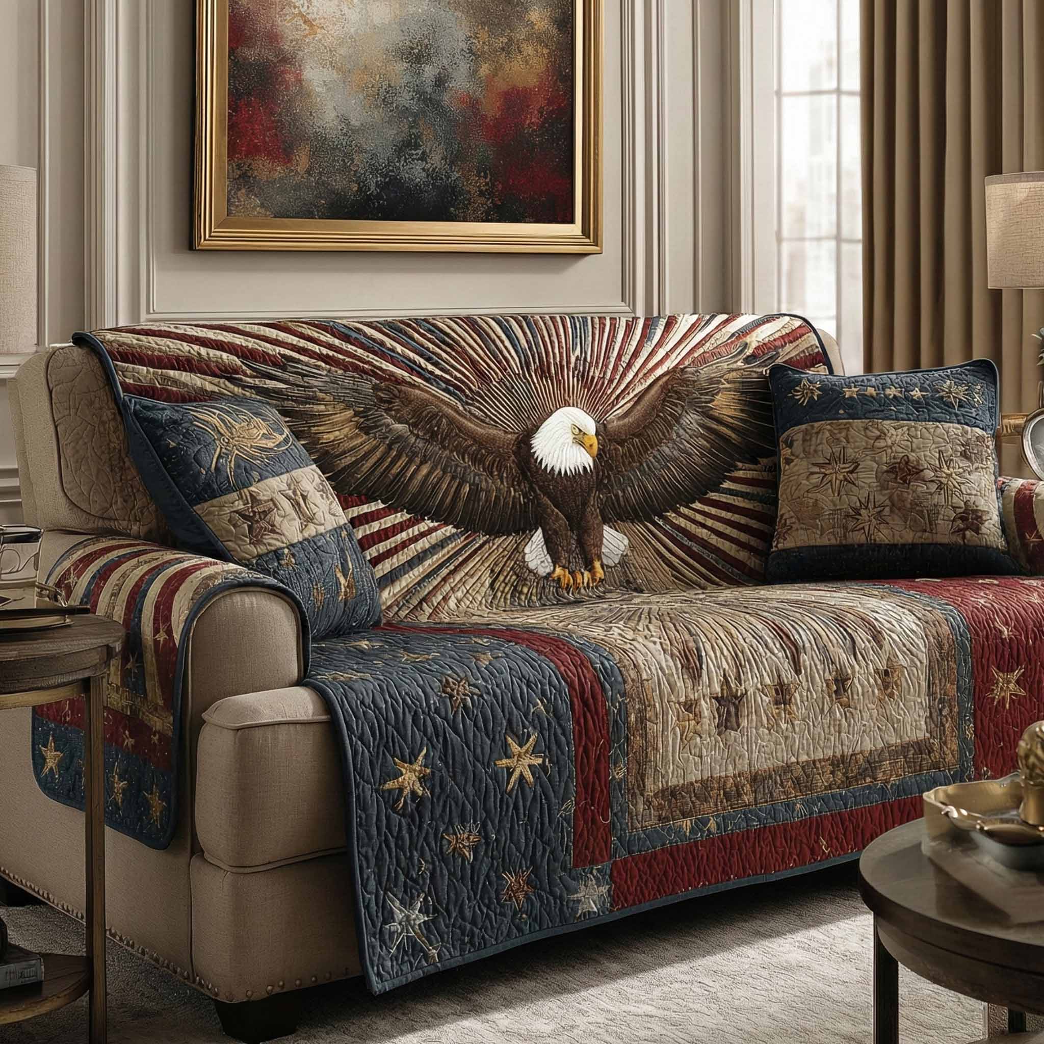 Liberty Crest Quilted Sofa Cover American Liberty Eagle Design Gift For Veterans