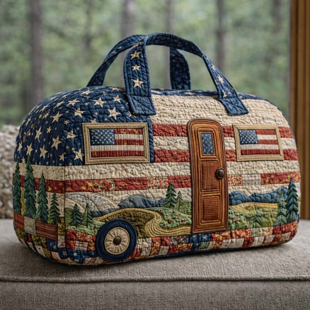 Liberty Heritage Camper Quilted Duffle Bag 4th Of July Travel Tote Patriotic Floral - Tradiviet