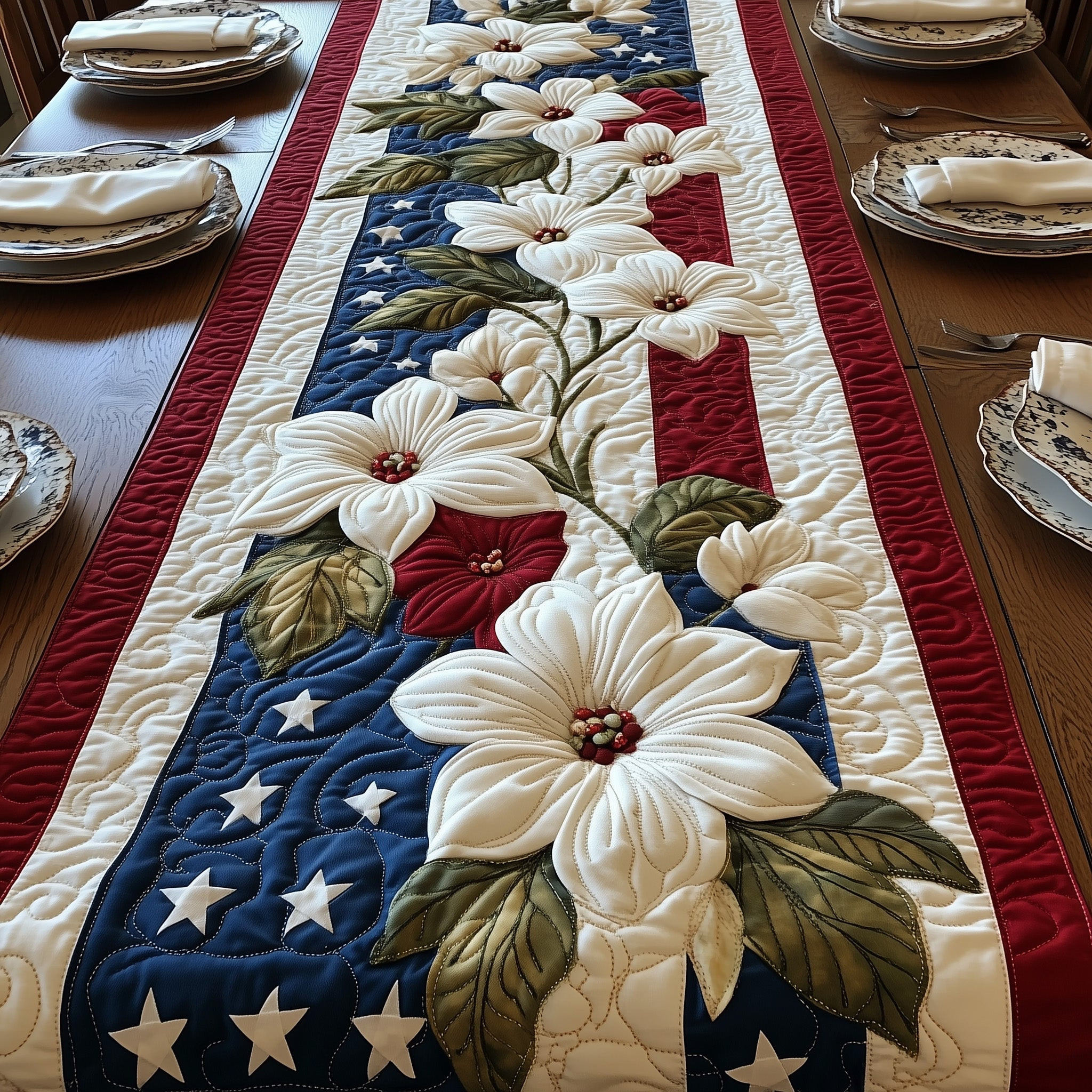 Liberty in Bloom Quilted Table Runner Floral Runner 4Th Of July Themed Gifts