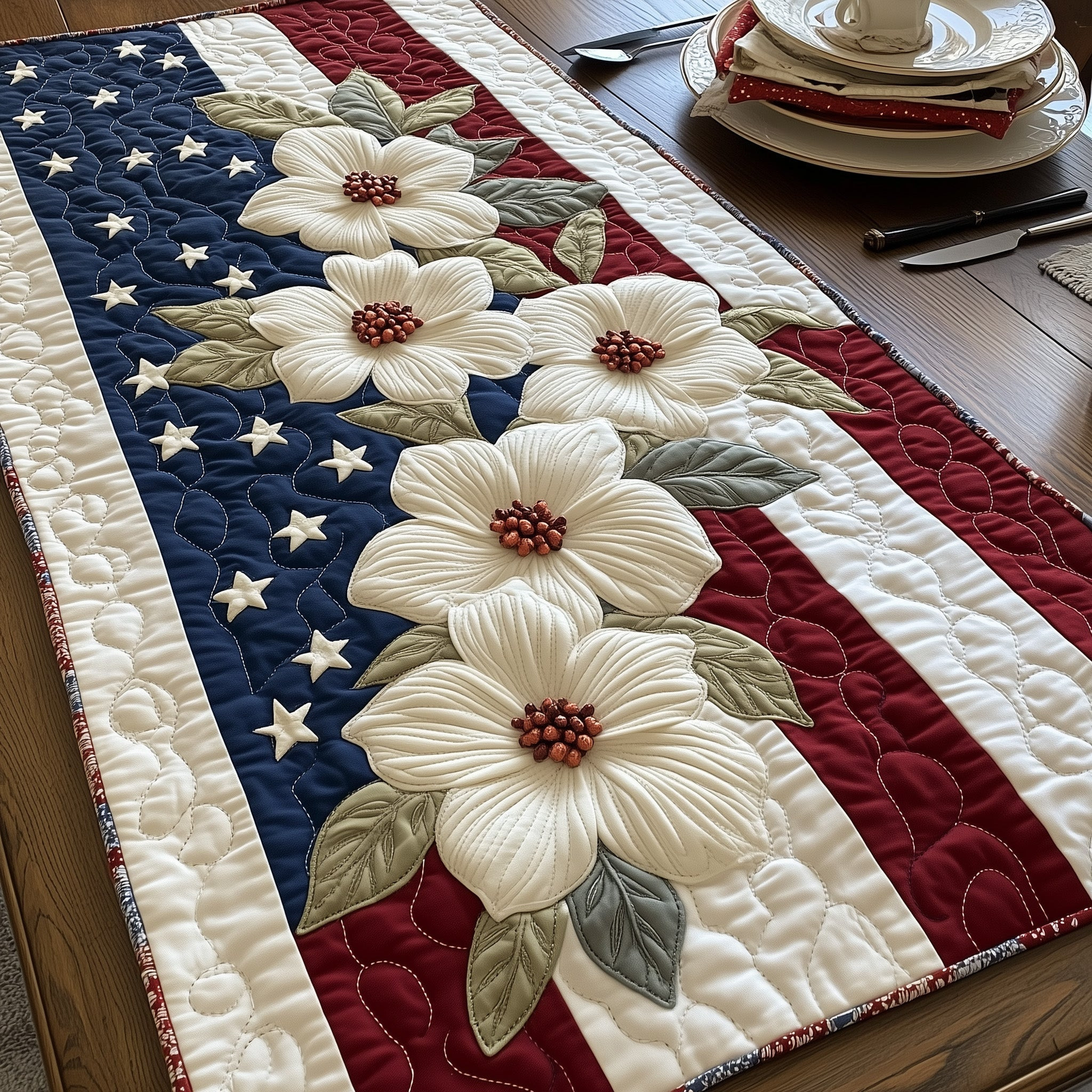 Liberty in Bloom Quilted Table Runner  Floral Runner Fourth Of July Hostess Gifts