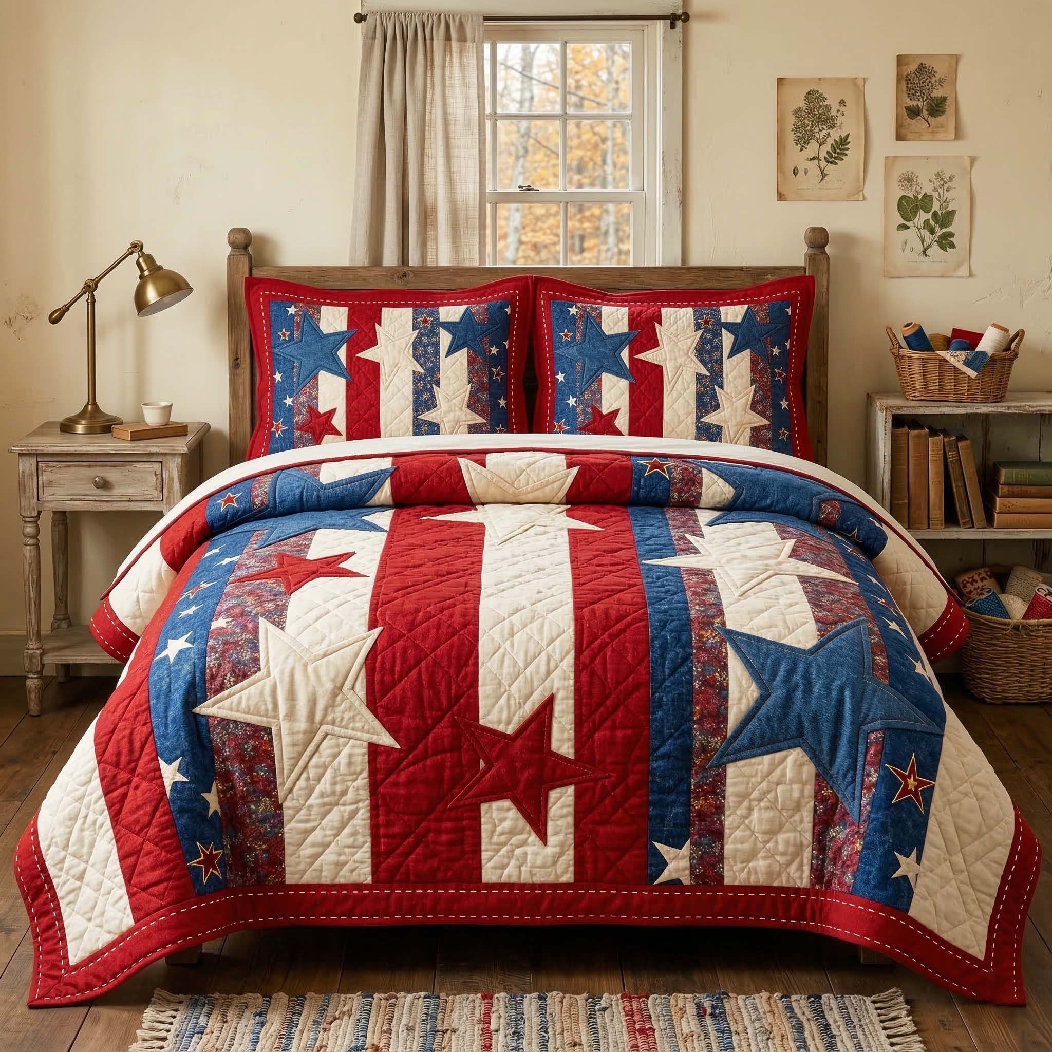 Liberty Star Quilted Bedding Set Holiday Home Decor Gifts For A Patriotic Person - Tradiviet