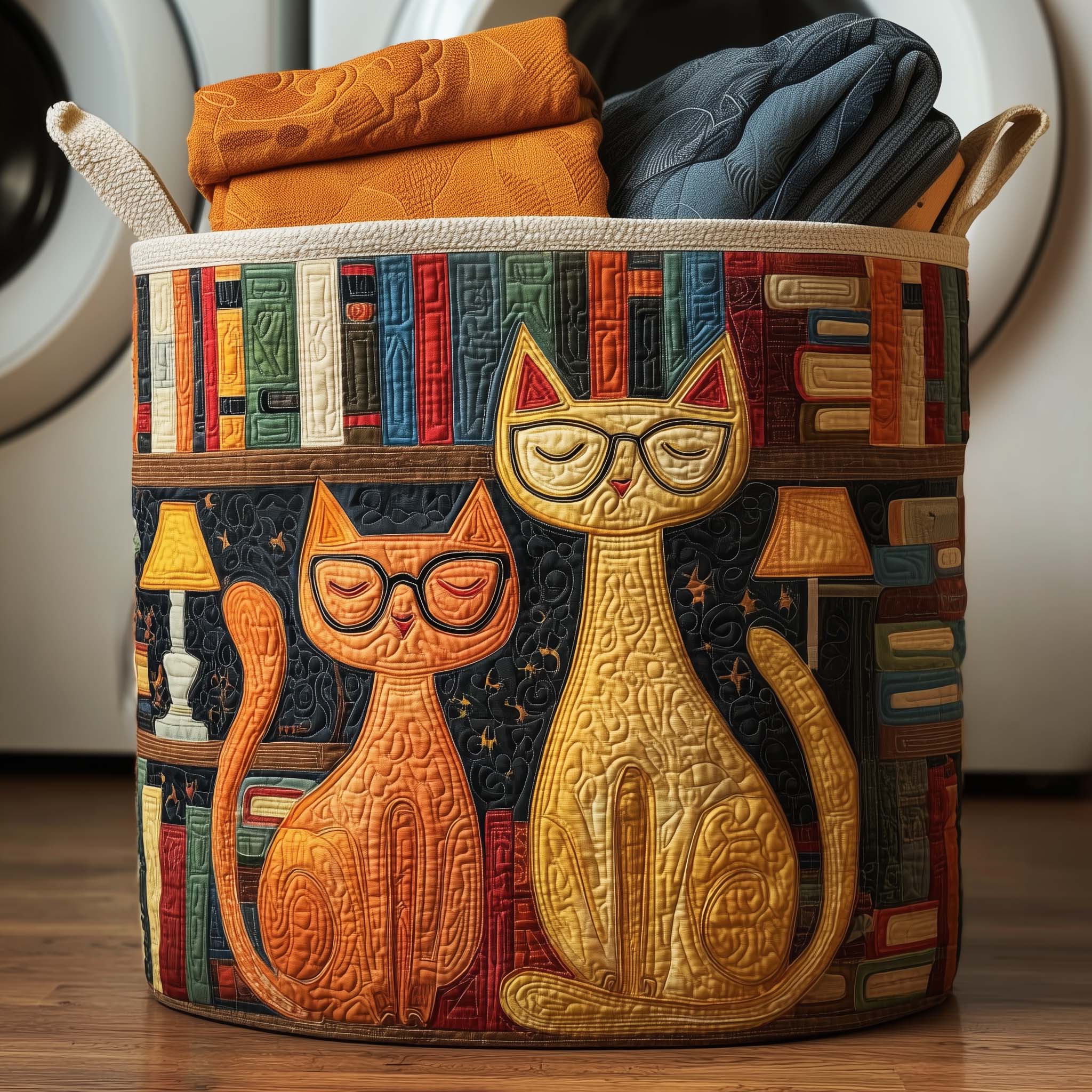 Library Cats Quilted Laundry Basket Washroom Decor Basket Father's Day Gift Ideas - Tradiviet