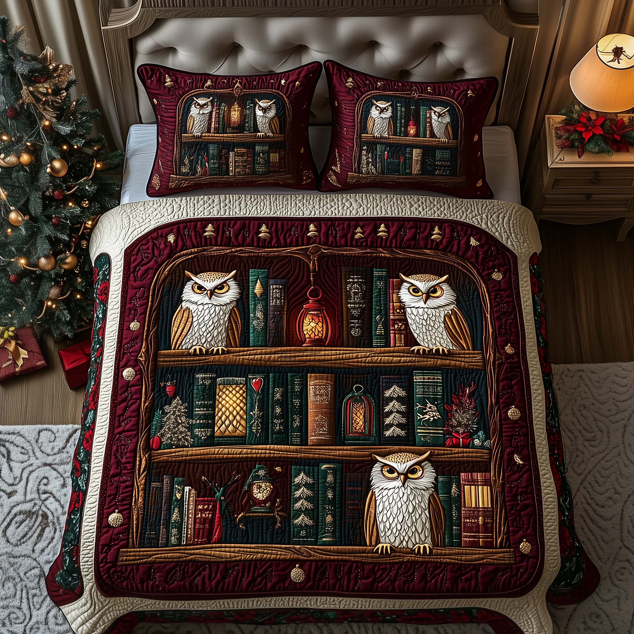 Library Owls Quilted Bedding Set Bedroom Decorations Unique Owl Gift Items - Tradiviet