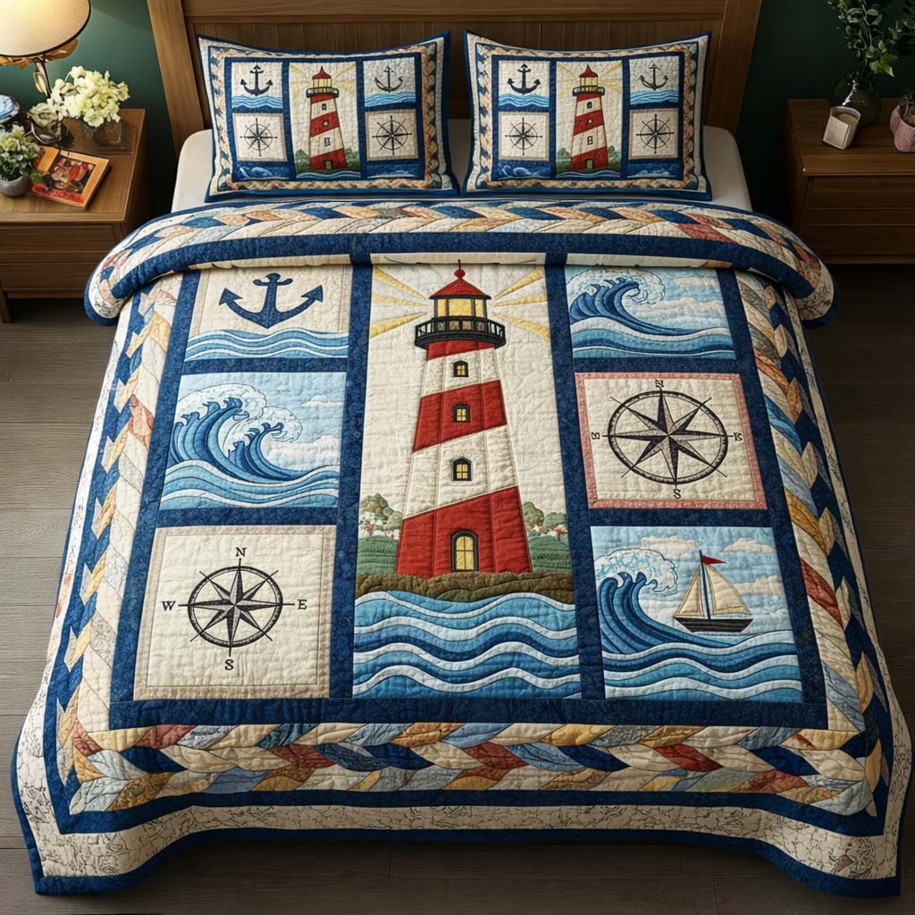 Lighthouse Nautical Quilted Bedding Set Bedroom Decoration Gift Ideas For Son - Tradiviet