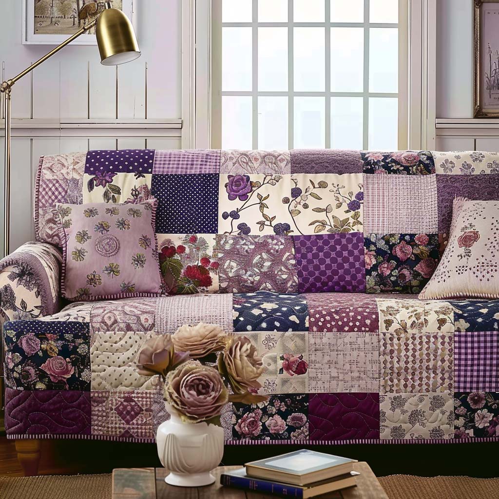 Lilac Rosework Quilted Sofa Cover Lilac Rose Floral Pattern Gift For Her