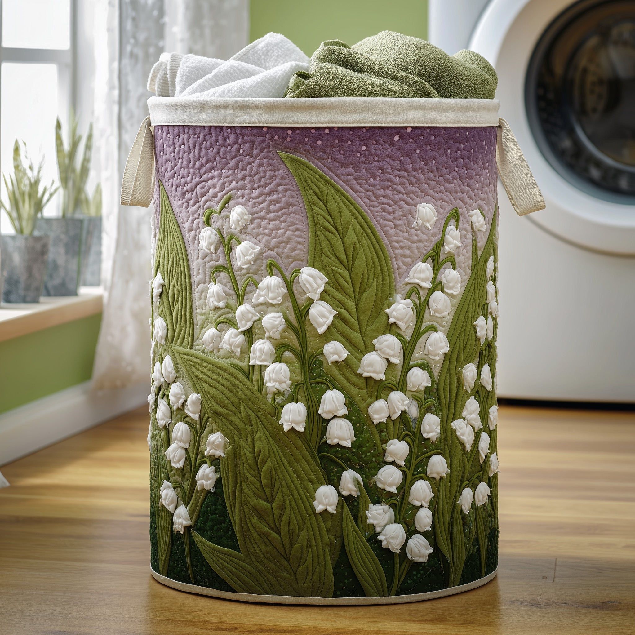 Lily of the Valley Quilted Laundry Basket Cute Storage Baskets Presents For Sister In Law - Tradiviet