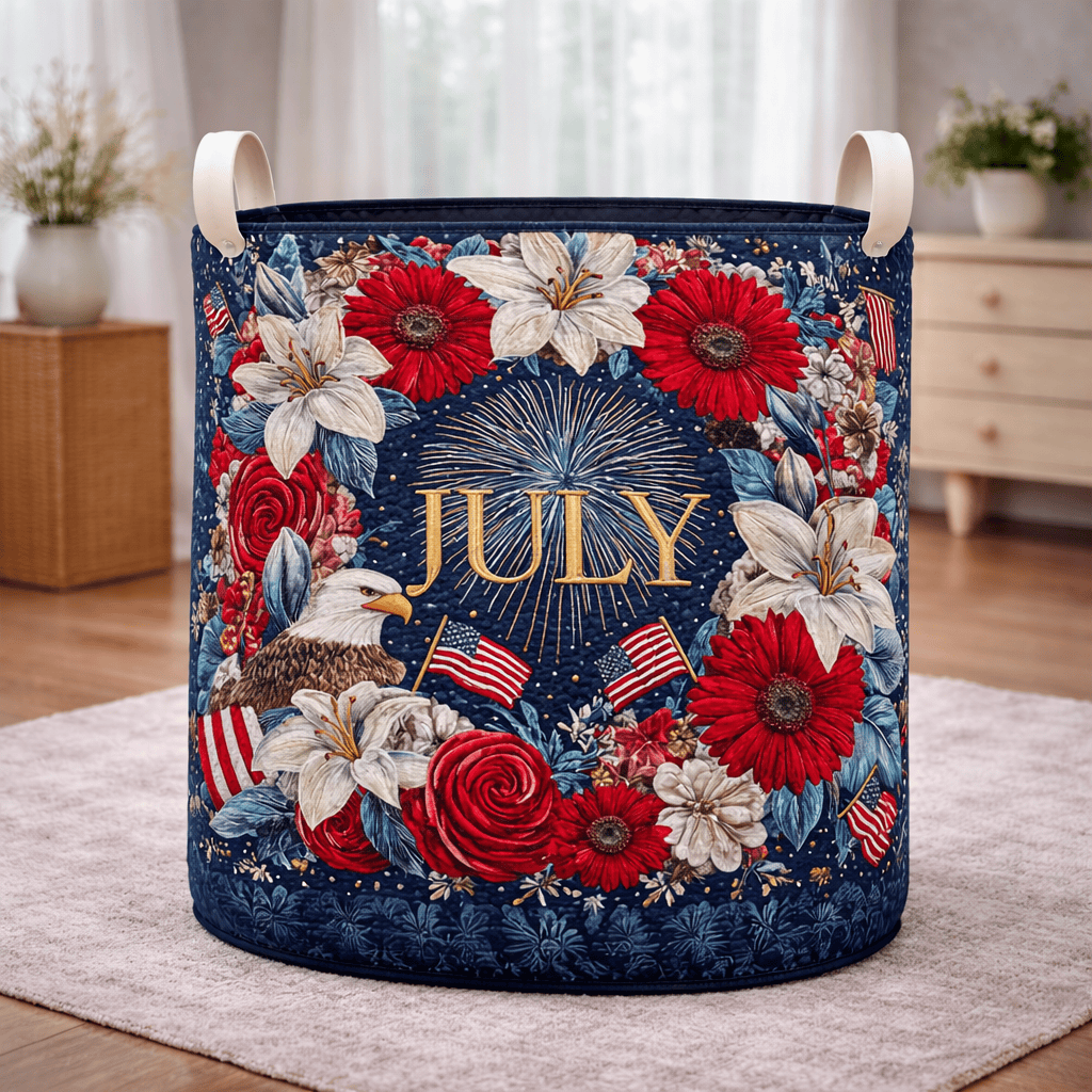 Lily Quilted Laundry Basket Patriotic July Floral Hamper USA Independence Home Decor - Tradiviet