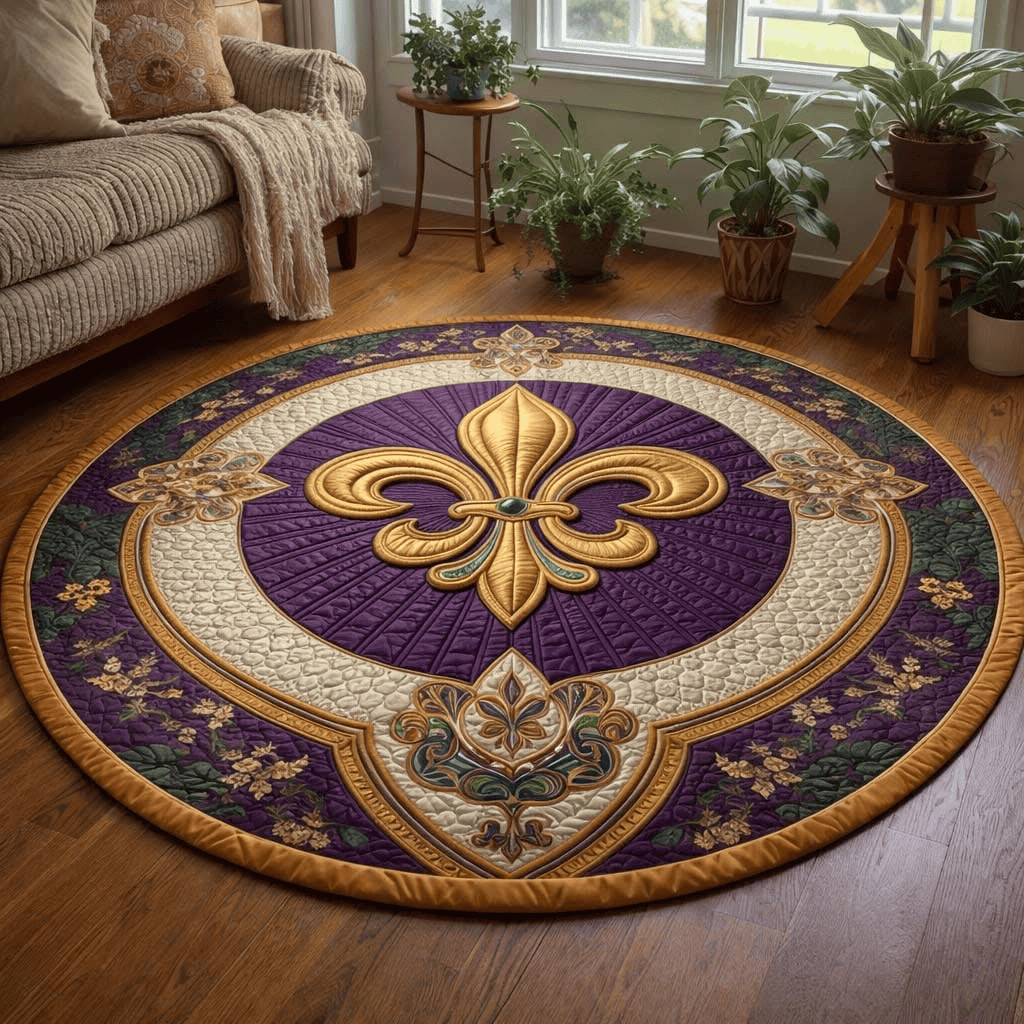 Louisiana Mardi Gras Quilt Round Mat Fat Tuesday Rugs Festive Home Decor