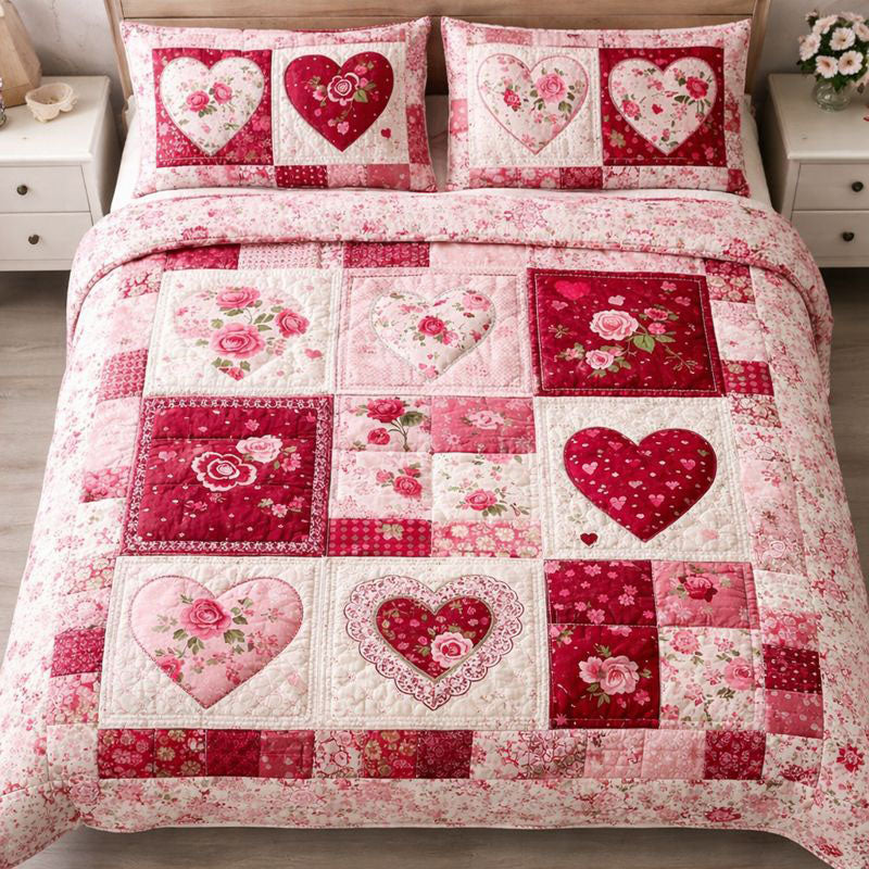 Loving Hearts Quilted Bedding Set Holiday Home Decor Thoughtful Gift For Couples - Tradiviet
