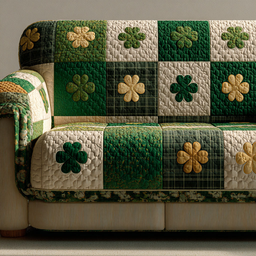Lucky Clover Quilted Sofa Cover Shamrock Clover Pattern Irish Home Decor