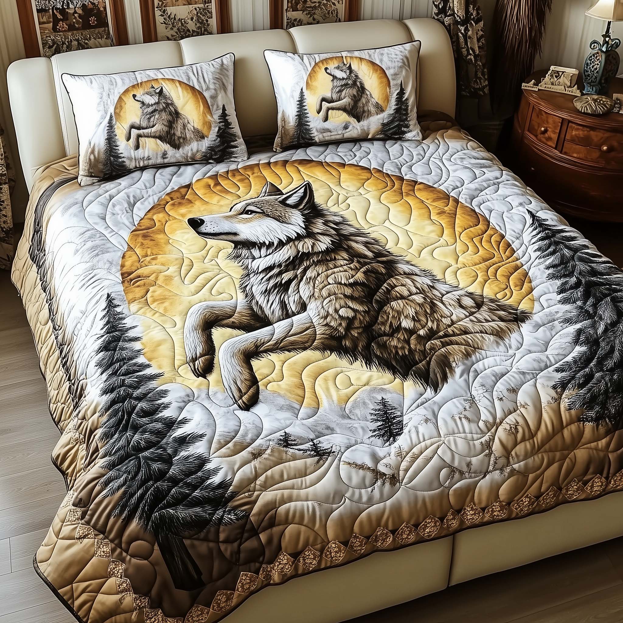 Lunar Wolf Quilted Bedding Set Holiday Bedroom Decor Best Gifts For Wolf Lovers - Tradiviet