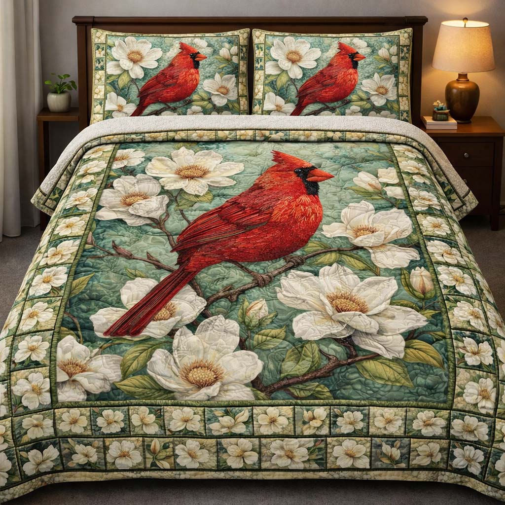 Magnolia Cardinal Grace Quilted Bedding Set Bedroom Decorations Gift For Floral Bird Lovers - Tradiviet