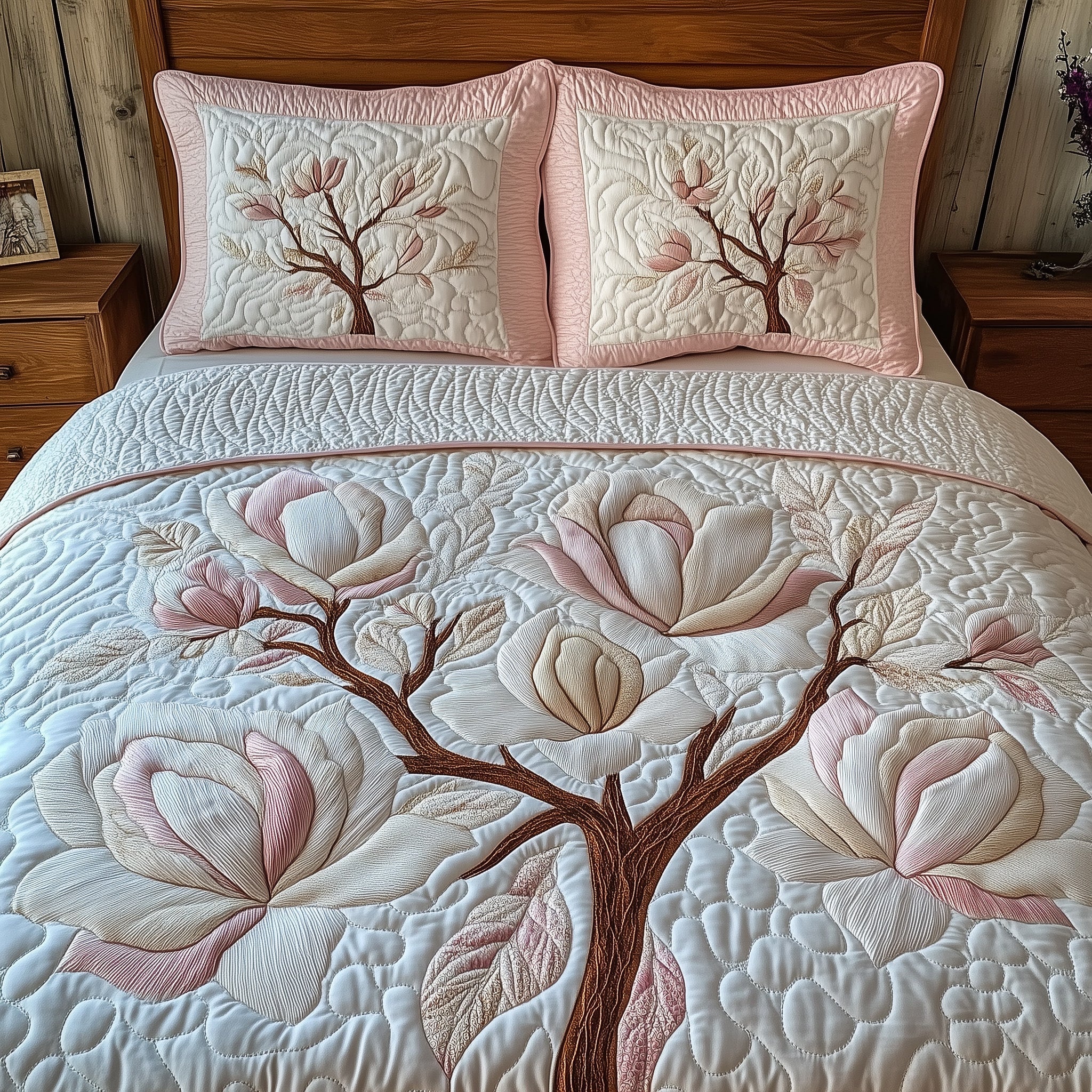 Magnolia Tranquil Charm Quilted Bedding Set Holiday Bedroom Decor Gift For Peaceful Homes - Tradiviet