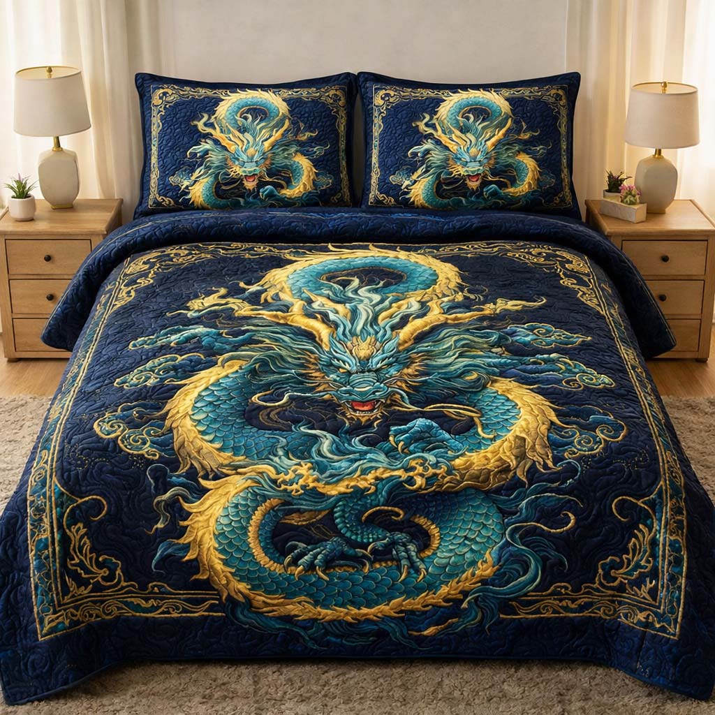 Majestic Dragon Quilted Bedding Set Bohemian Bedroom Furniture Dragon Themed Birthday Gifts - Tradiviet