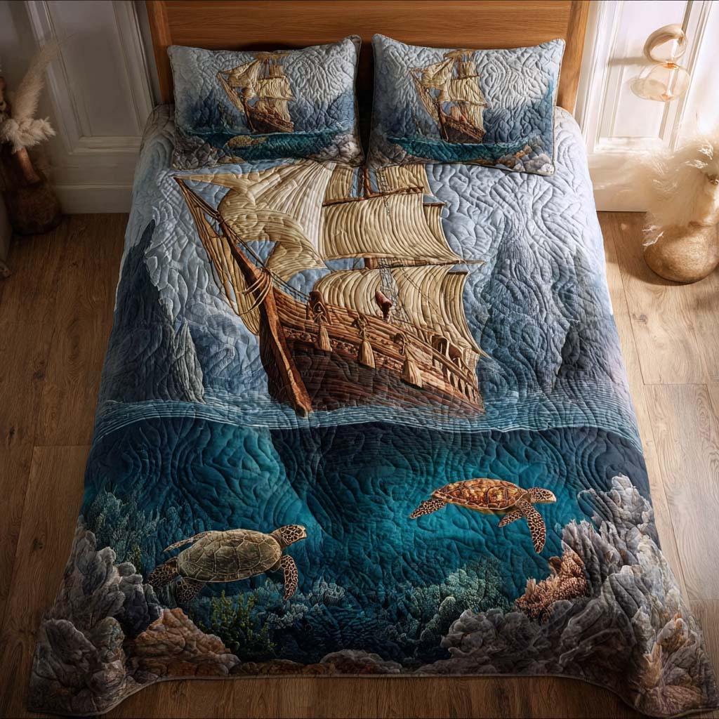 Majestic Ship Quilted Bedding Set Autumn Inspired Bedroom Ship Gift For Him - Tradiviet