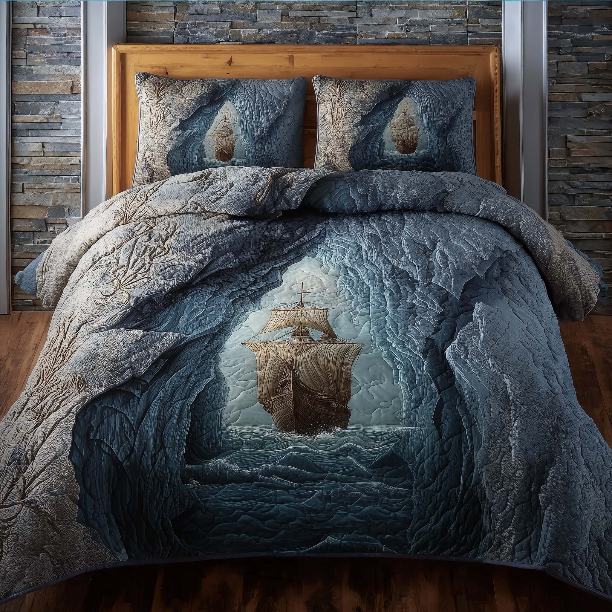 Majestic Ship Quilted Bedding Set Holiday Bedroom Decor Ship Gift For Birthday - Tradiviet