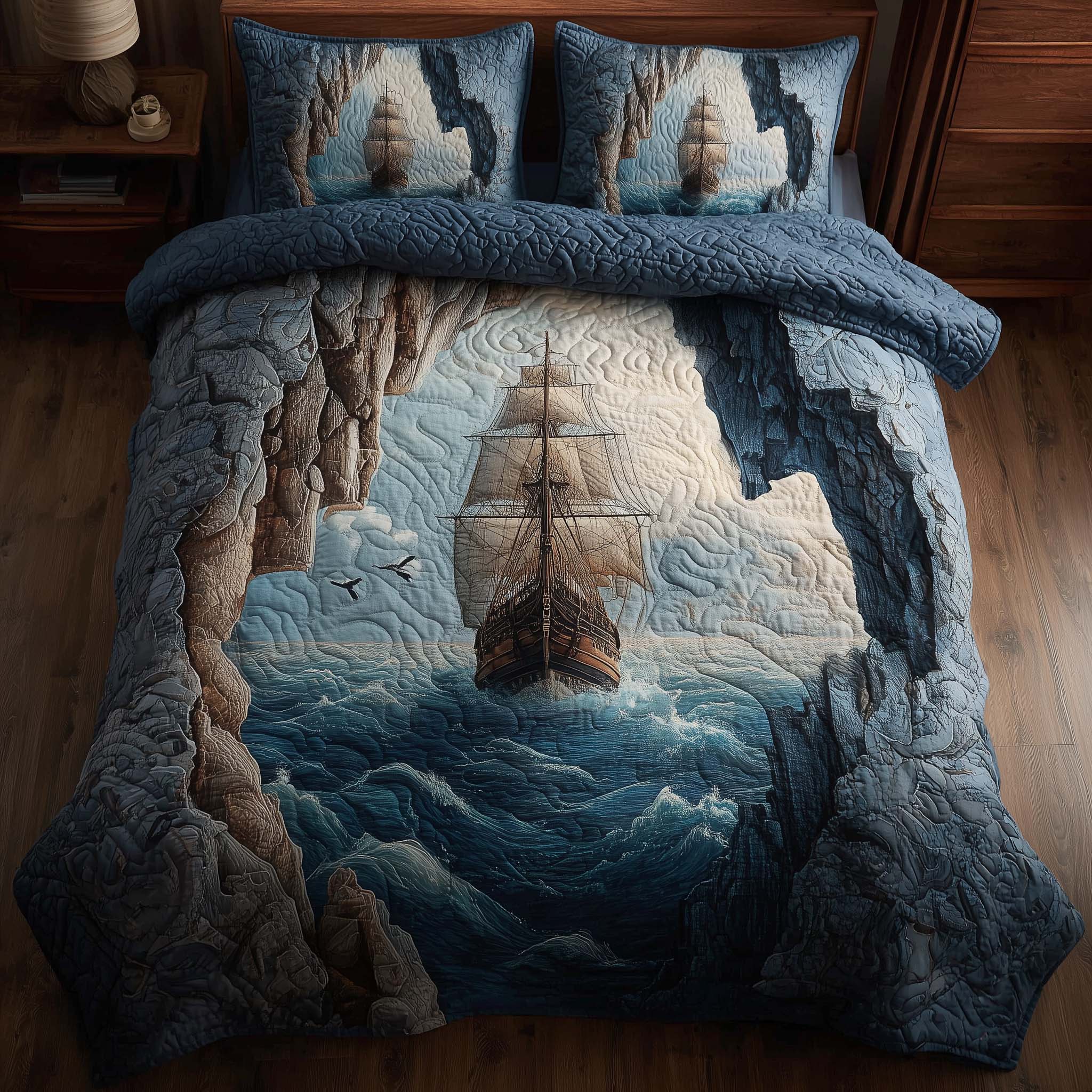 Majestic Ship Quilted Bedding Set Holiday Bedroom Decor Ship Themed Gift For Family - Tradiviet