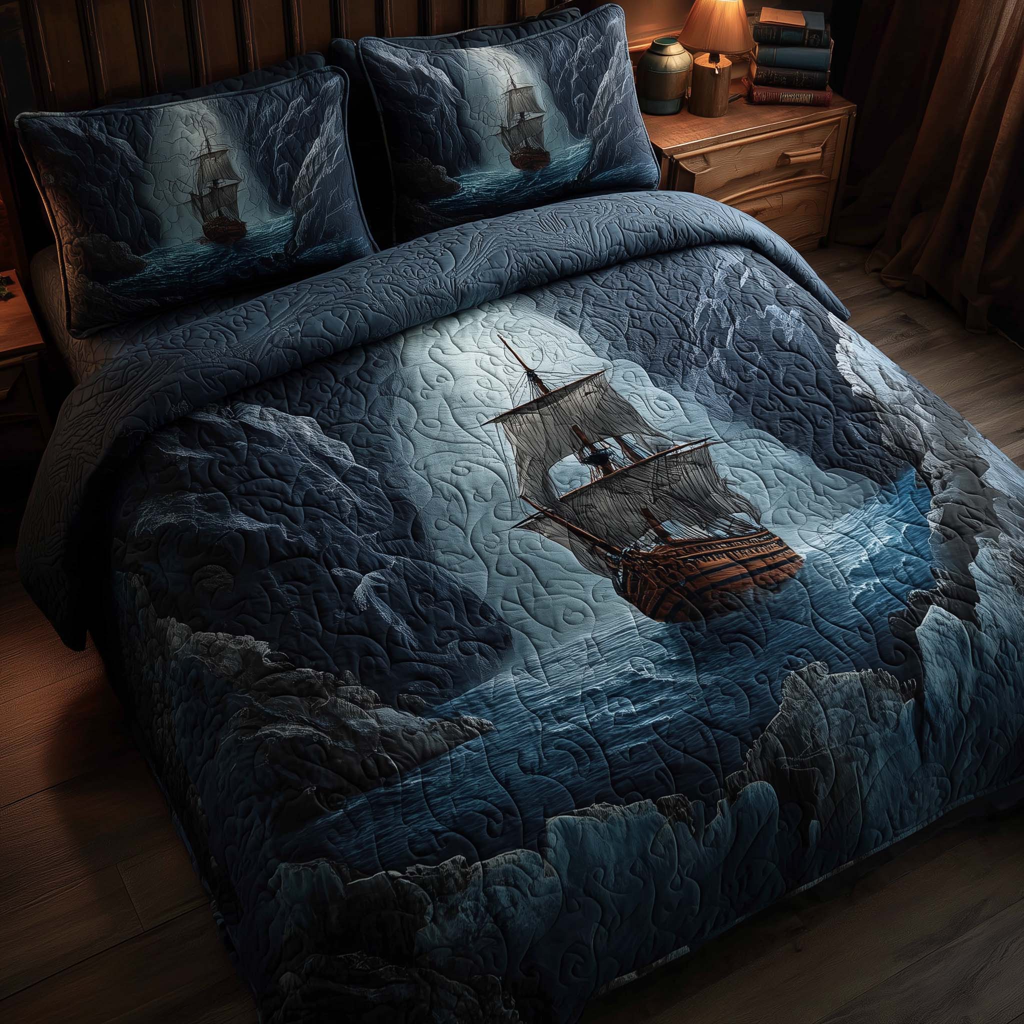 Majestic Ship Quilted Bedding Set Holiday Bedroom Decor Ship Themed Gift For Kids - Tradiviet