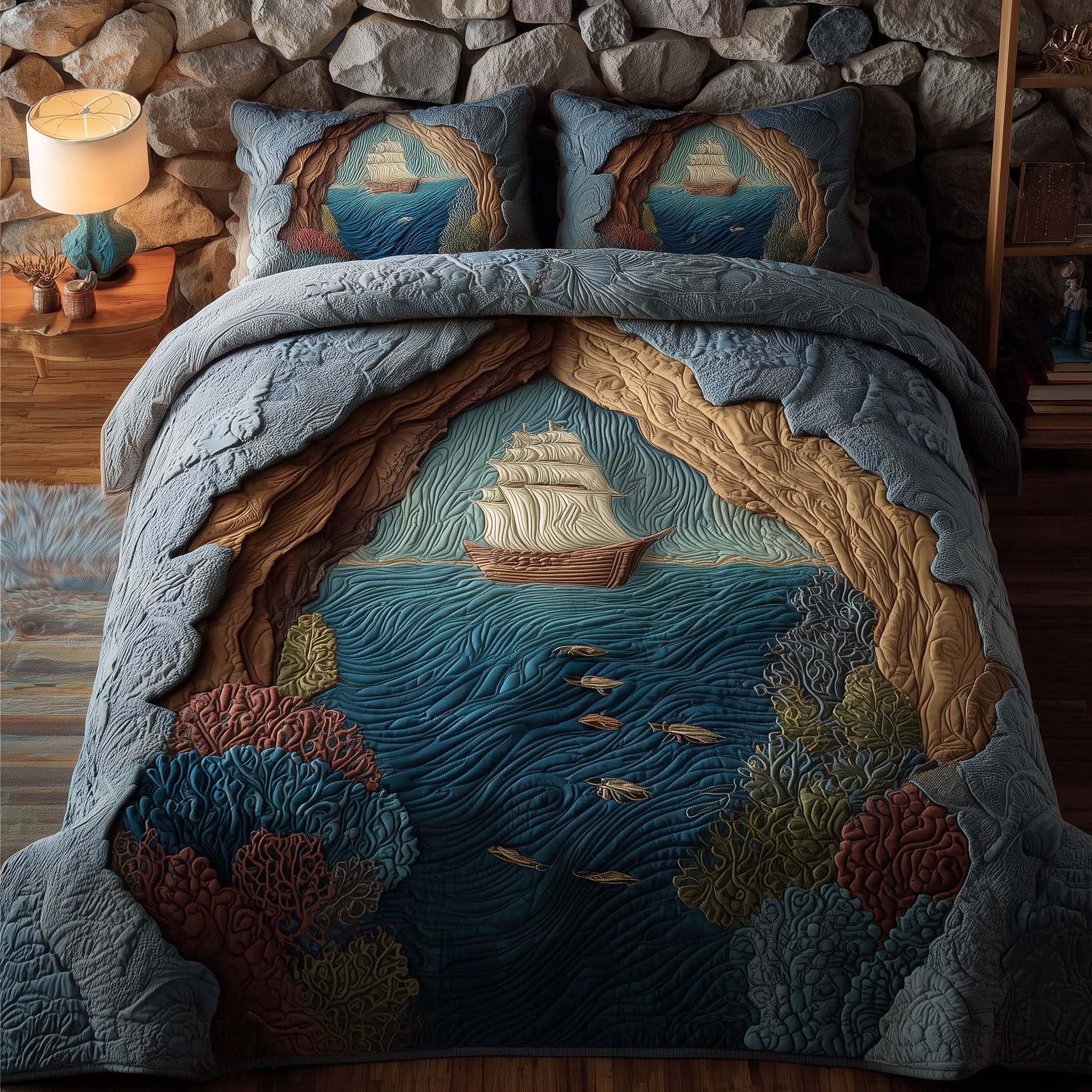 Majestic Ship Quilted Bedding Set Holiday House Decorations Ship Themed Gift For Wedding - Tradiviet