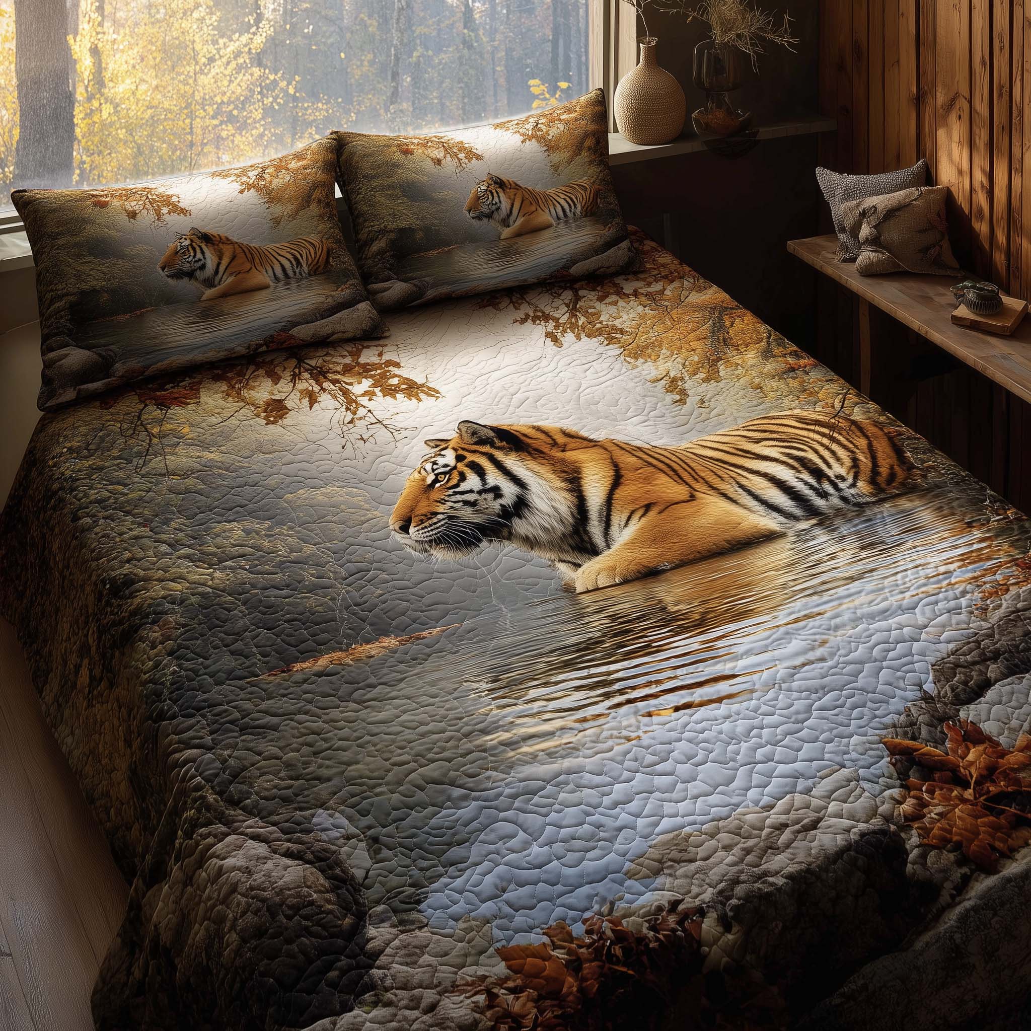 Majestic Tiger Quilted Bedding Set Autumn Inspired Bedroom Tiger Gifts For Adults - Tradiviet