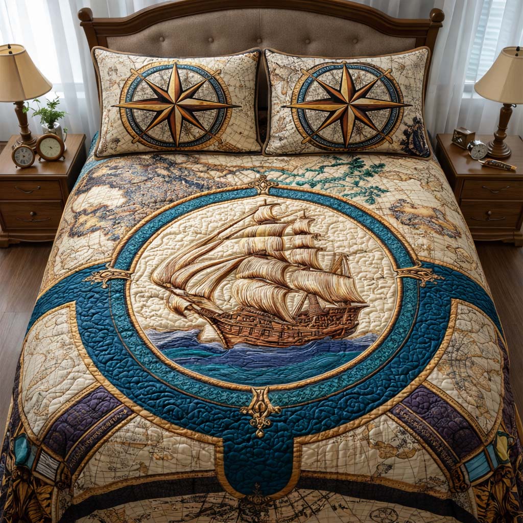 Map Explorer Quilted Bedding Set Autumn Inspired Bedroom Gift For Adventurers - Tradiviet