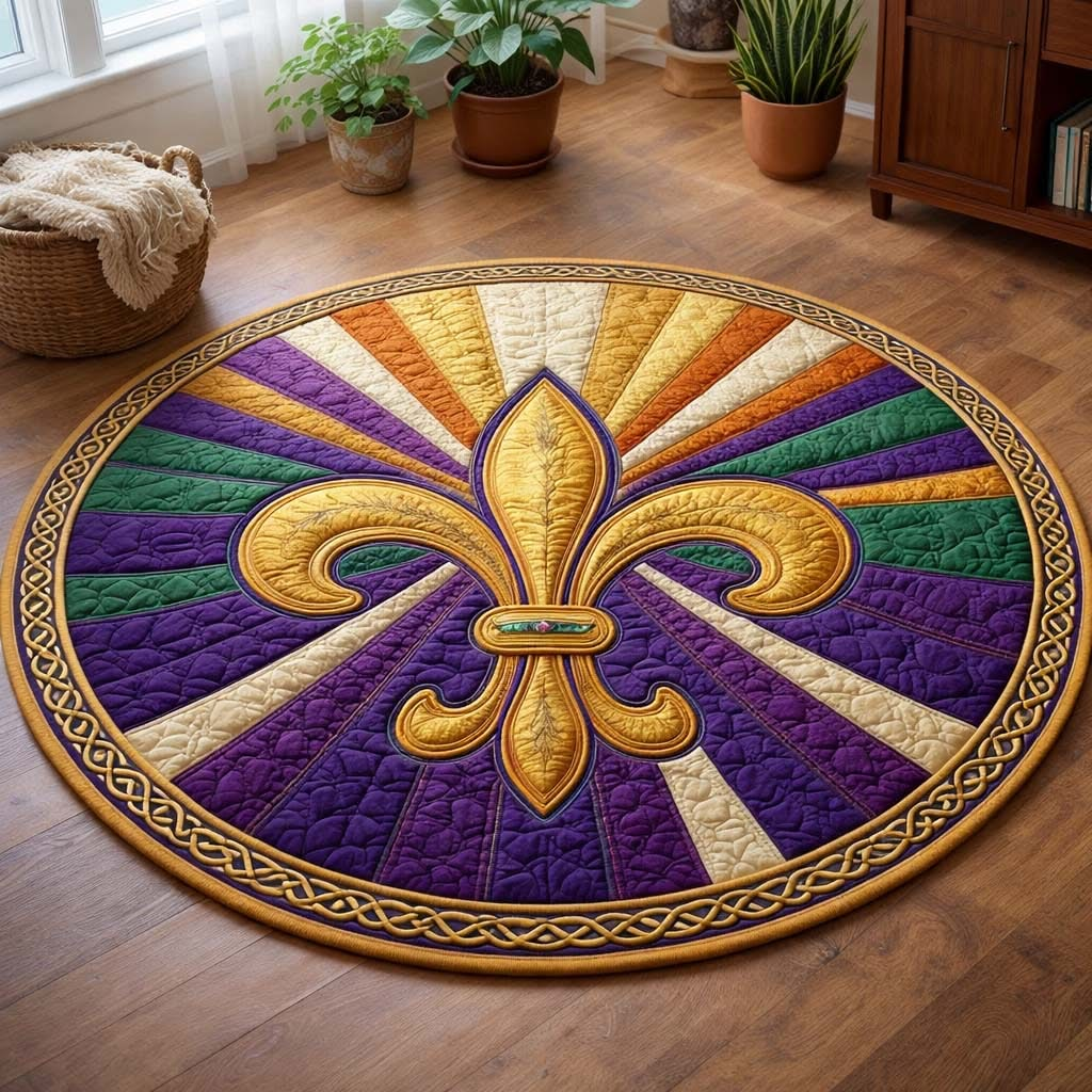 Mardi Gras Quilt Round Mat New Orleans Carnival Washable Rugs Festive Home Decor