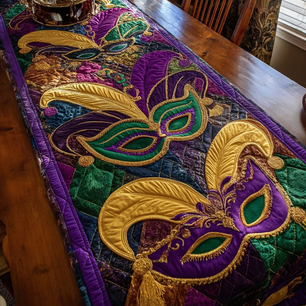 Mardi Gras Quilt Table Runner Jester Masks Design Fat Tuesday Decor for Home