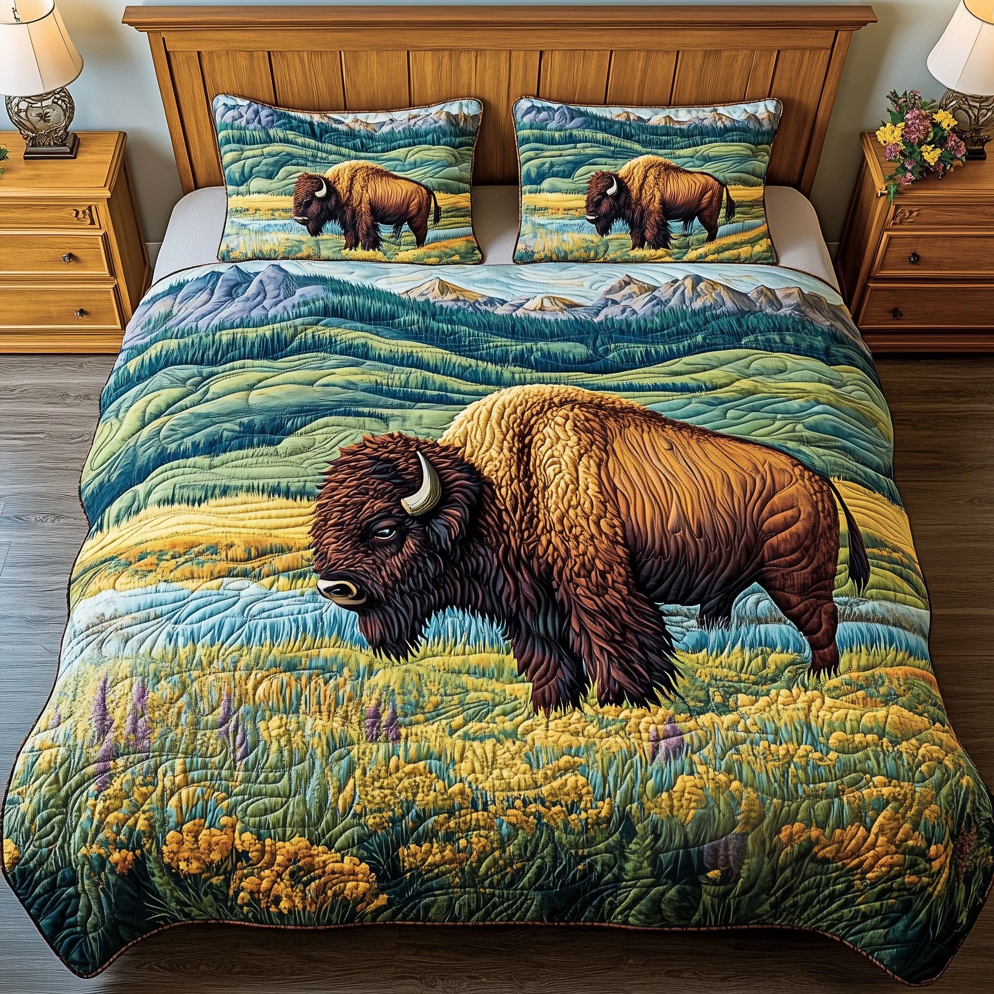 Meadow Bison Quilted Bedding Set Bed Room Decoration Gift For Outdoor Adventurers - Tradiviet