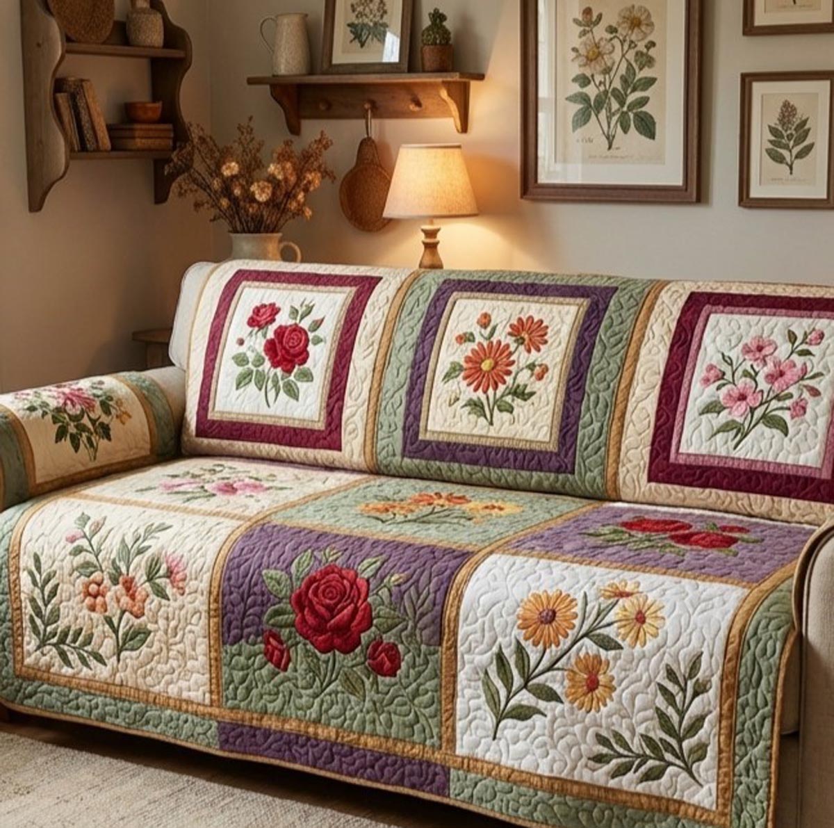 Meadow Bloom Quilted Sofa Cover Wildflower Meadow Pattern Gift For Her