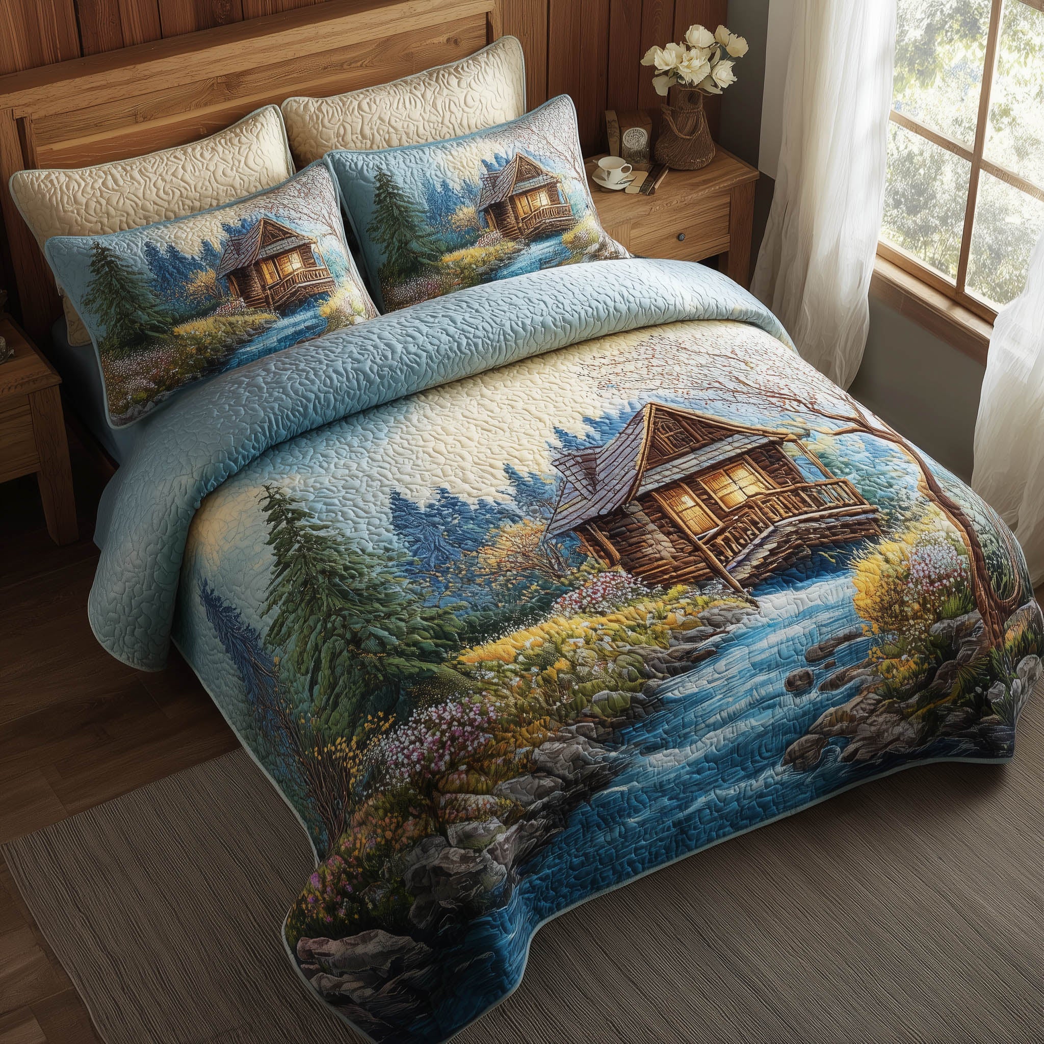 Meadow Cabin Quilted Bedding Set Bed Room Decoration White Cabin Gift For Friends - Tradiviet
