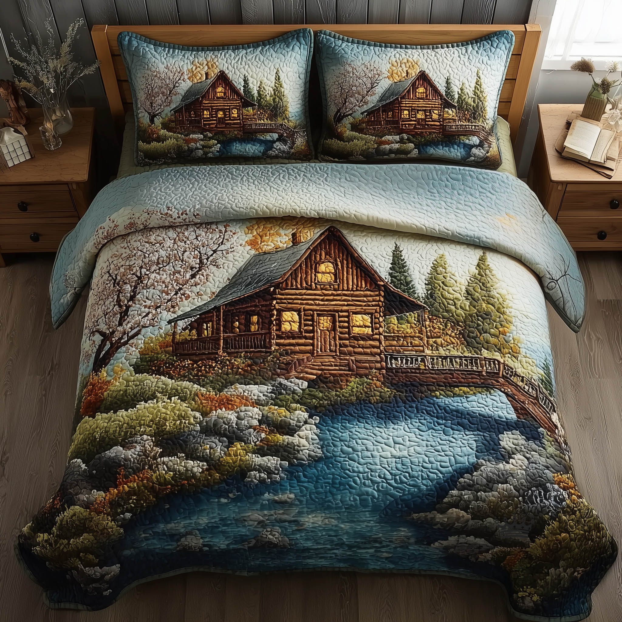 Meadow Cabin Quilted Bedding Set Bedroom Decorations Gift For Nature Lovers White Cabin - Tradiviet