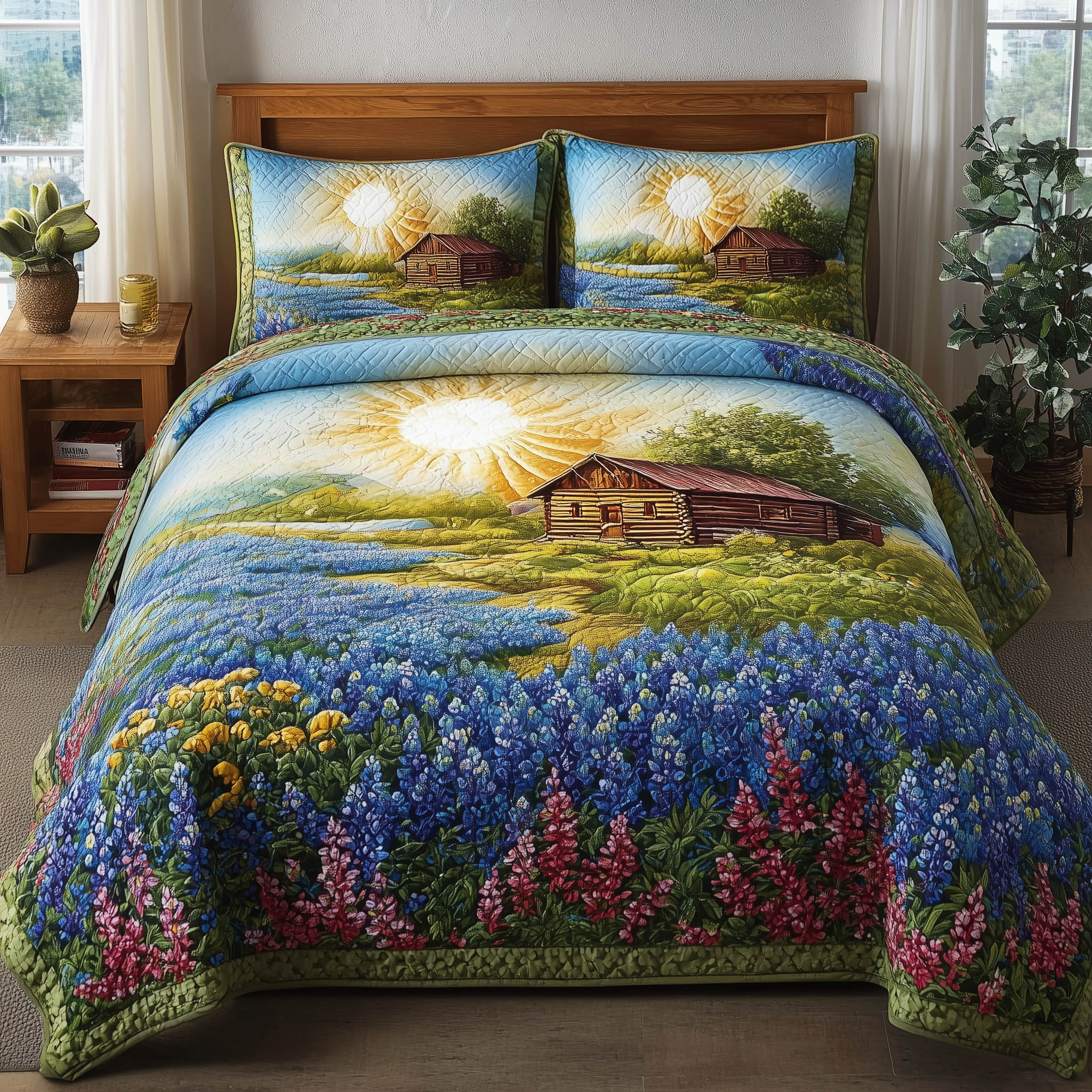Meadow Cabin Quilted Bedding Set Holiday Decorations White Cabin Home Decor Gift - Tradiviet